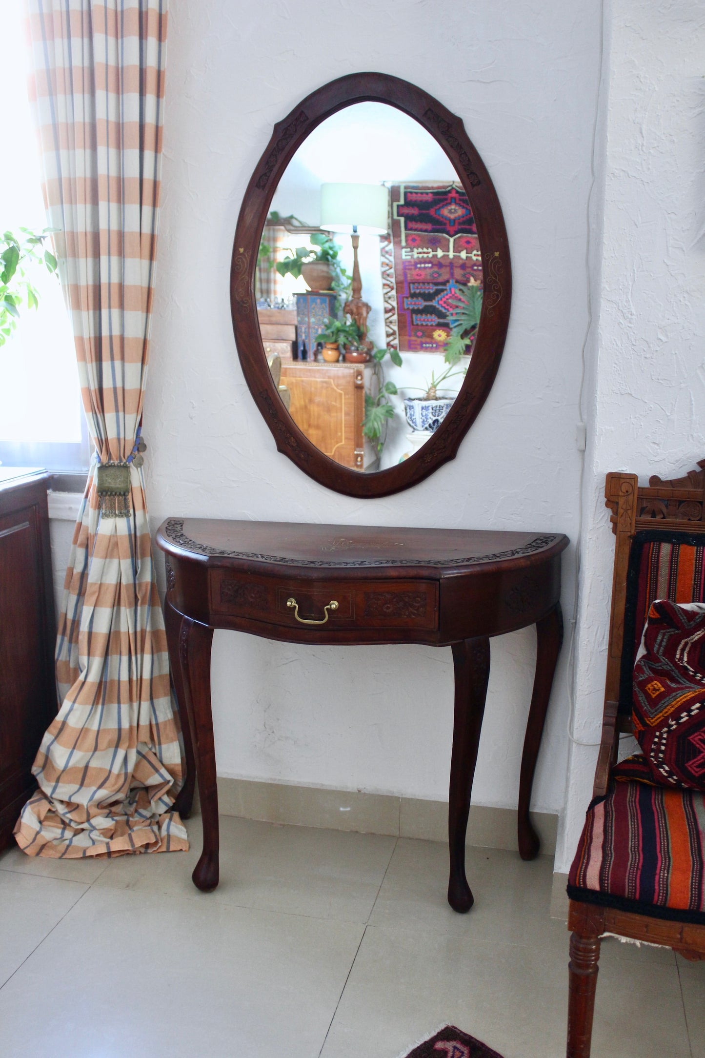 Vintage Rosewood Carved Entry Table and Matching Mirror