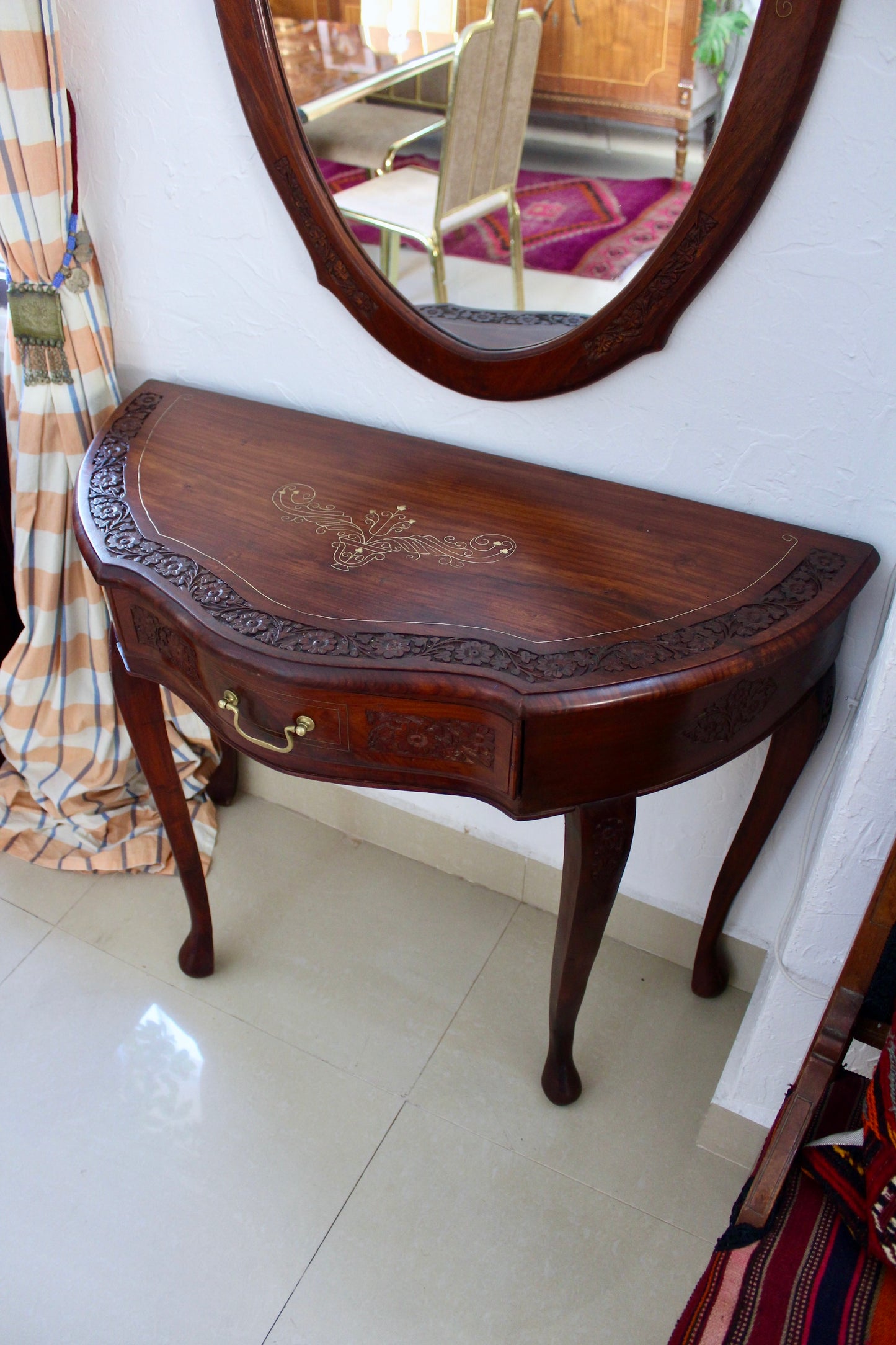 Vintage Rosewood Carved Entry Table and Matching Mirror