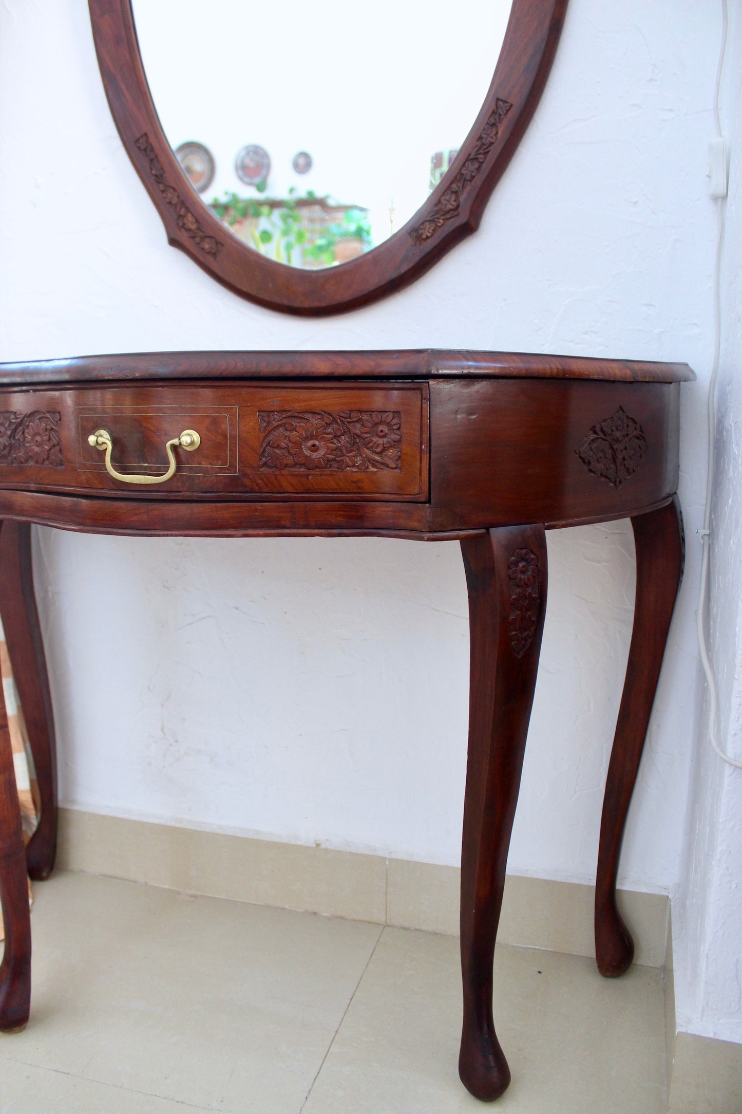 Vintage Rosewood Carved Entry Table and Matching Mirror