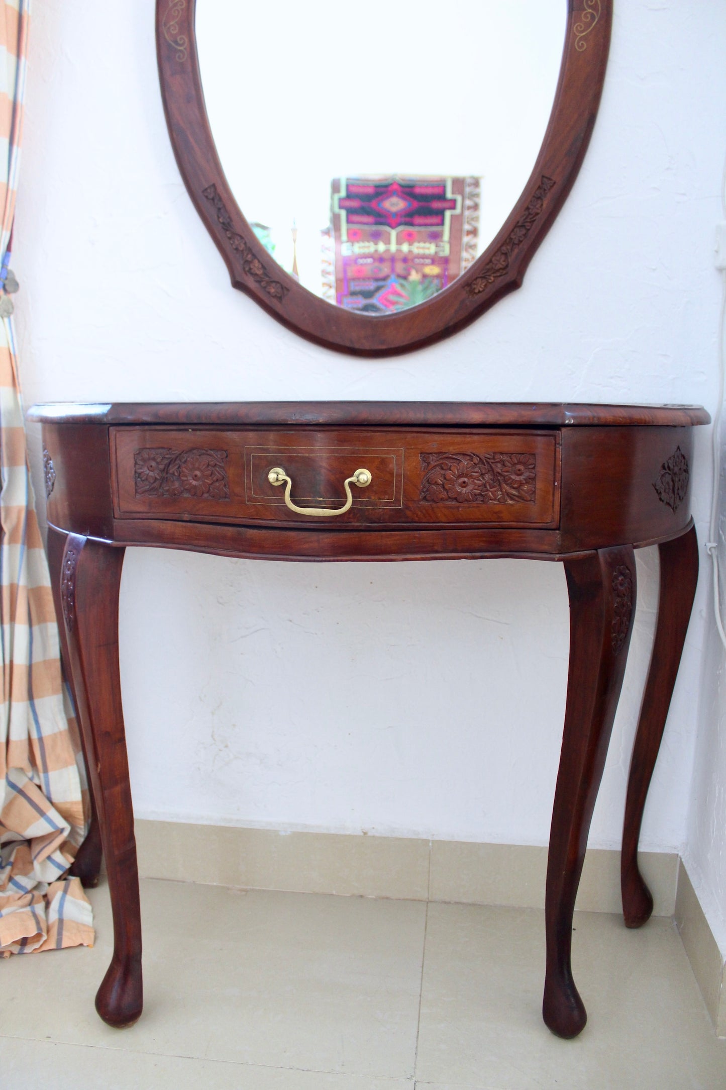 Vintage Rosewood Carved Entry Table and Matching Mirror