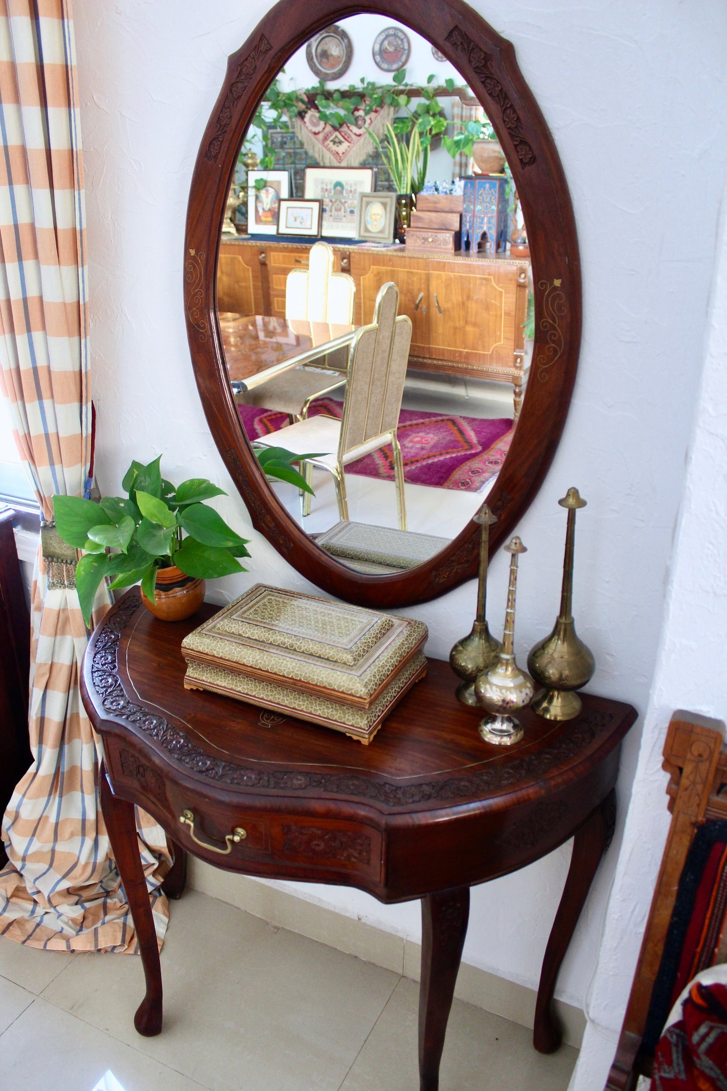 Vintage Rosewood Carved Entry Table and Matching Mirror