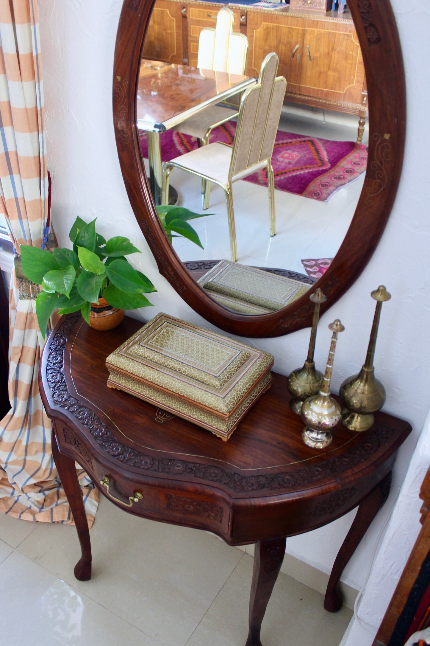 Vintage Rosewood Carved Entry Table and Matching Mirror