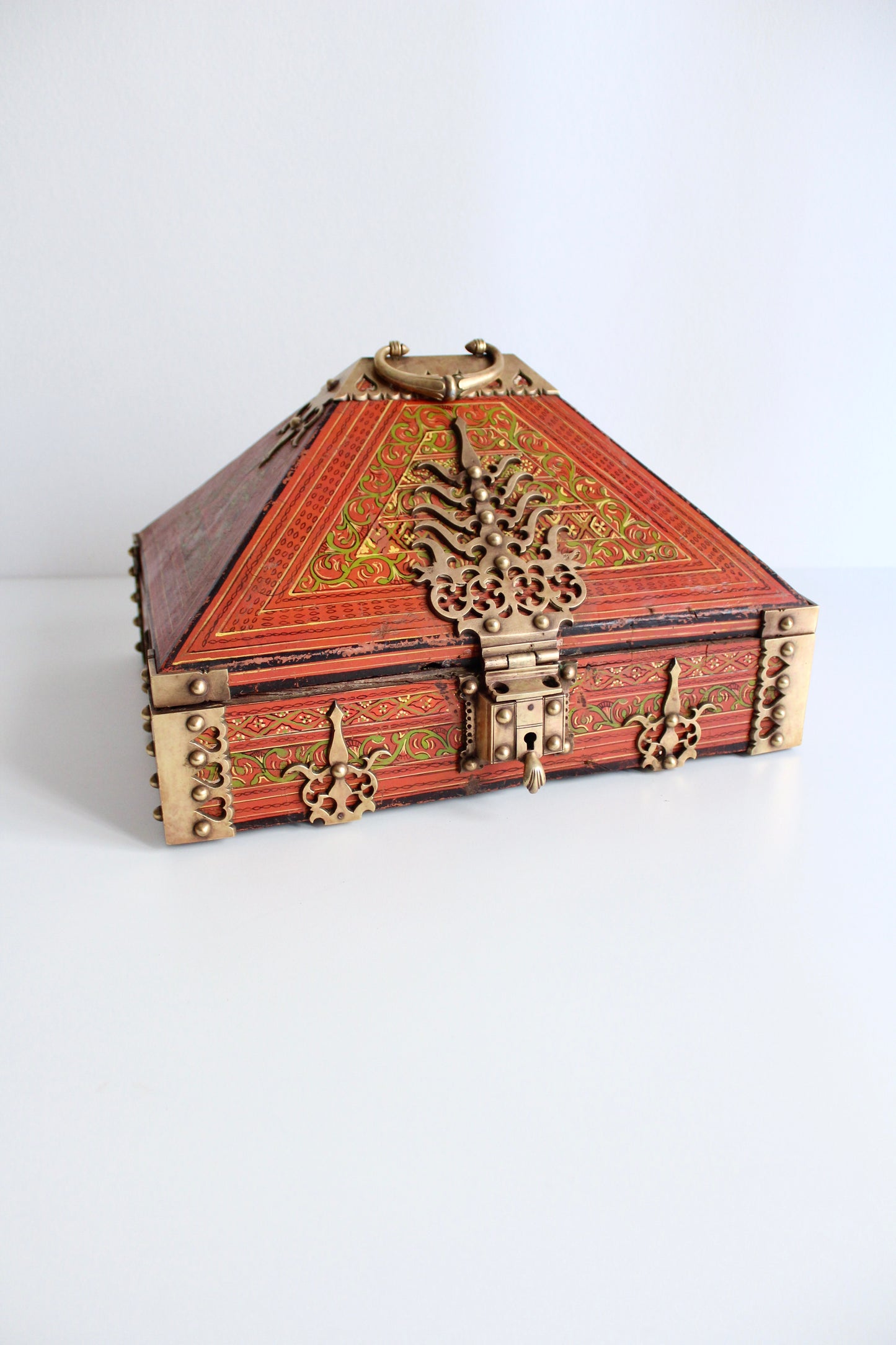 Antique Indian Painted Box with Brass Hinges and Latches