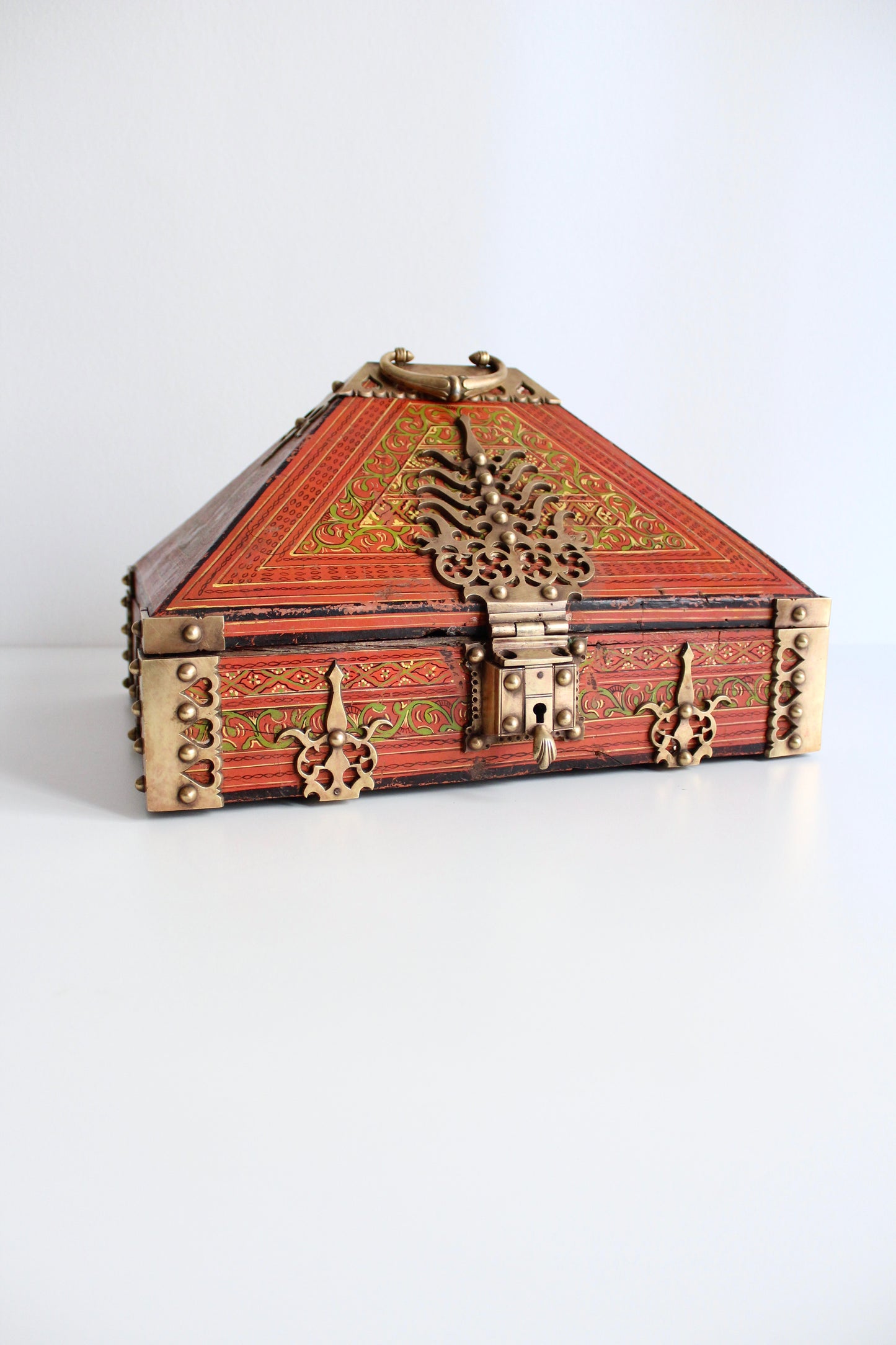 Antique Indian Painted Box with Brass Hinges and Latches