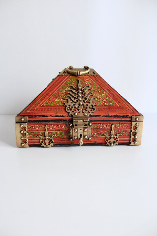 Antique Indian Painted Box with Brass Hinges and Latches