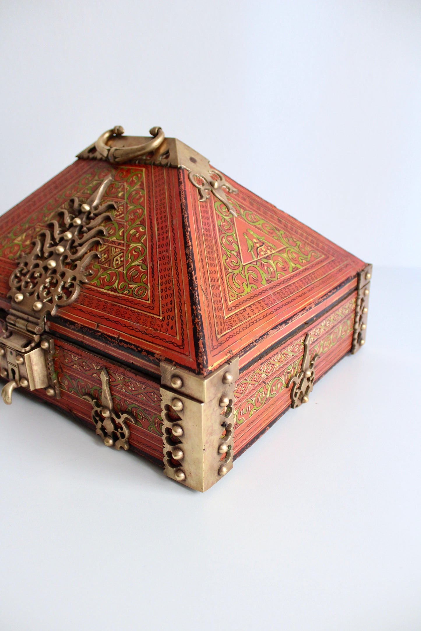 Antique Indian Painted Box with Brass Hinges and Latches