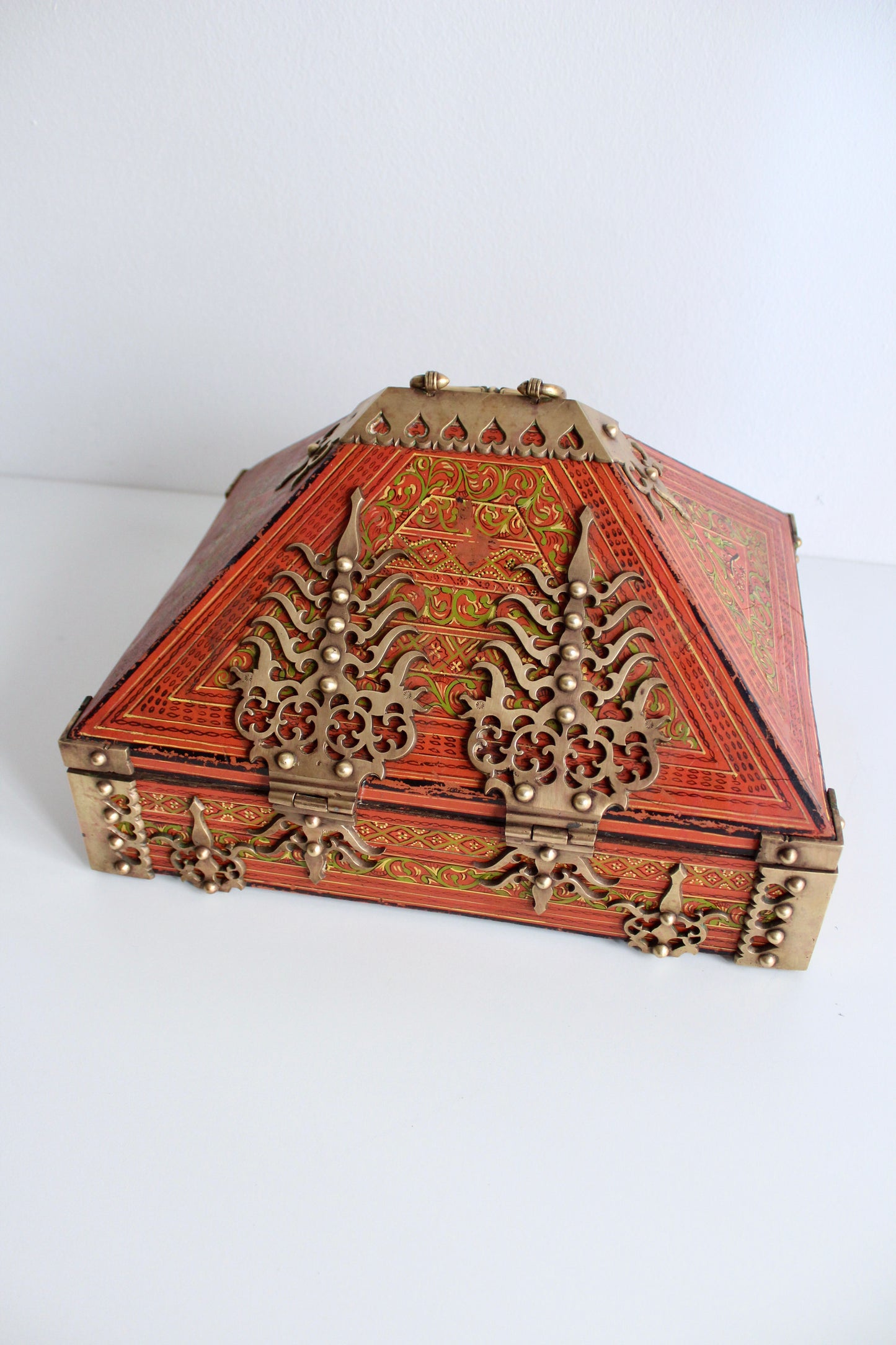Antique Indian Painted Box with Brass Hinges and Latches