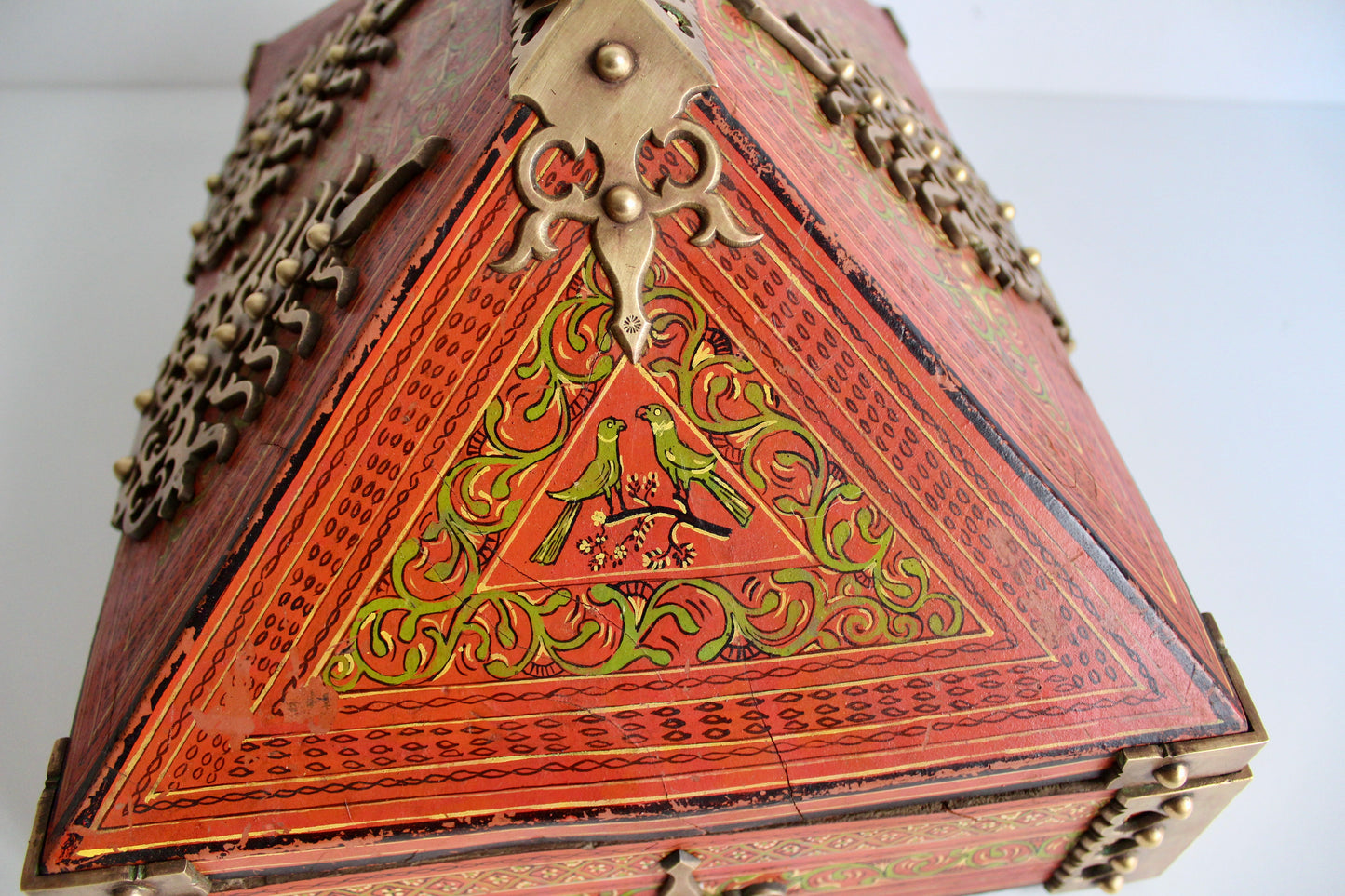 Antique Indian Painted Box with Brass Hinges and Latches