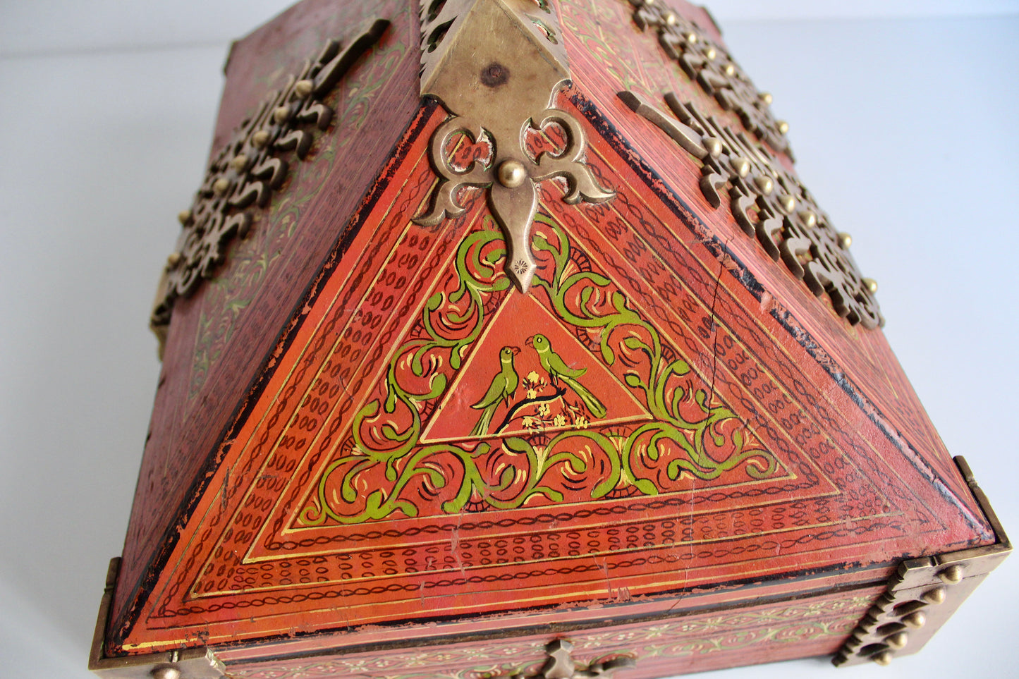 Antique Indian Painted Box with Brass Hinges and Latches