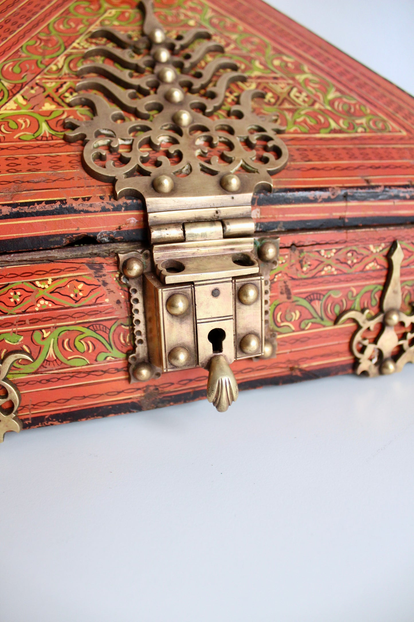 Antique Indian Painted Box with Brass Hinges and Latches