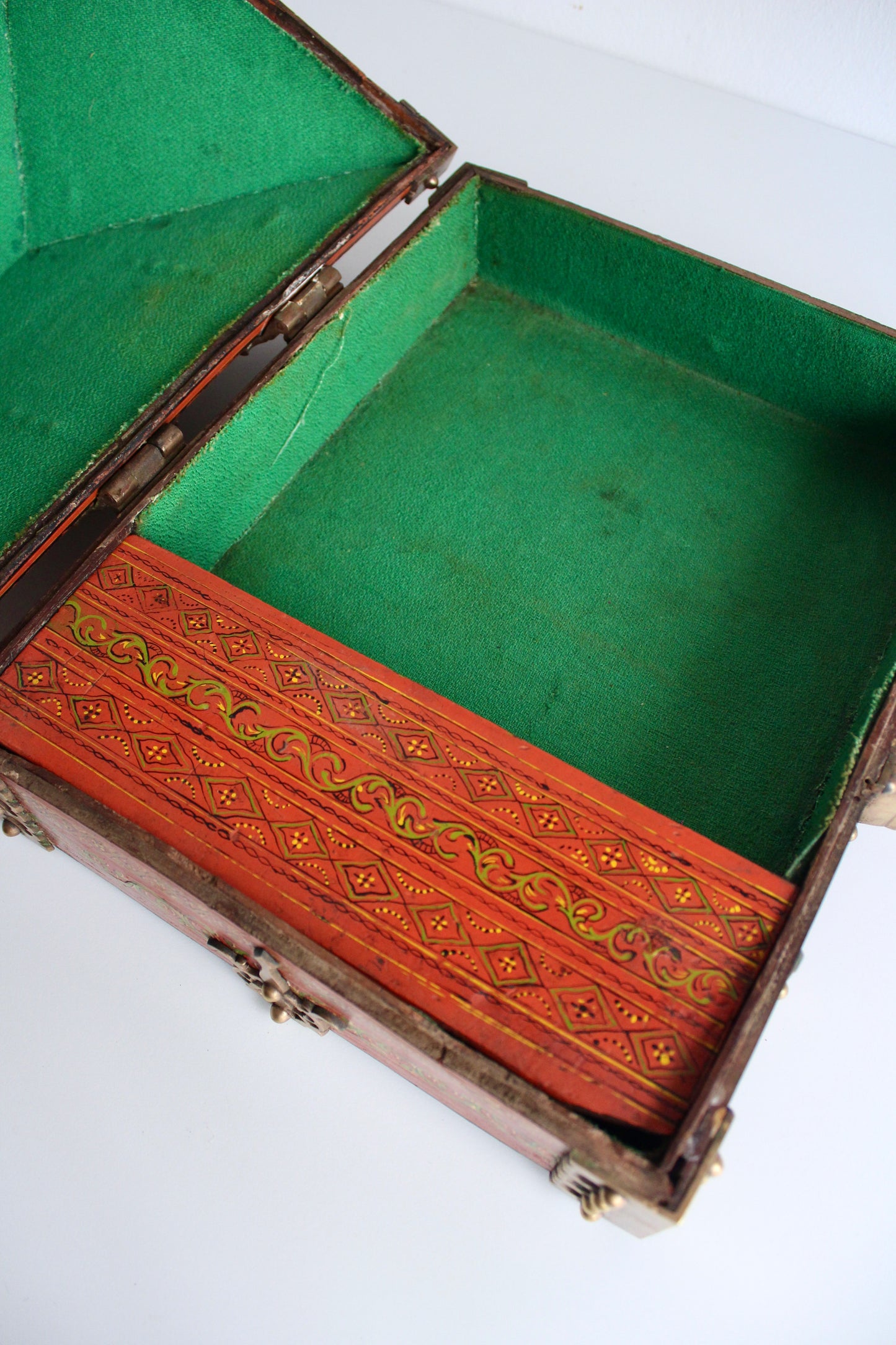 Antique Indian Painted Box with Brass Hinges and Latches