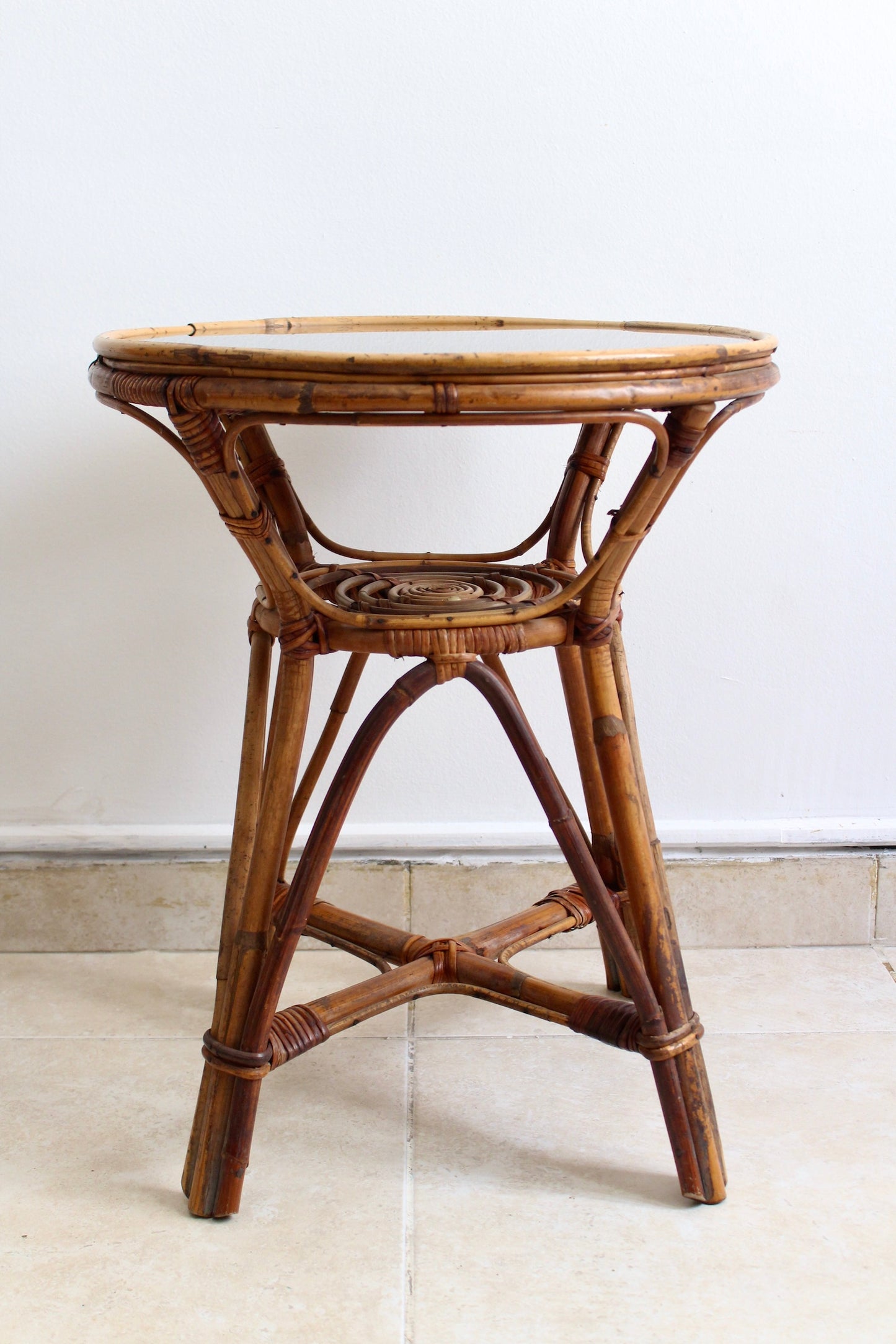 Vintage 1970s Bamboo Side Table w/ Smoked Glass Top
