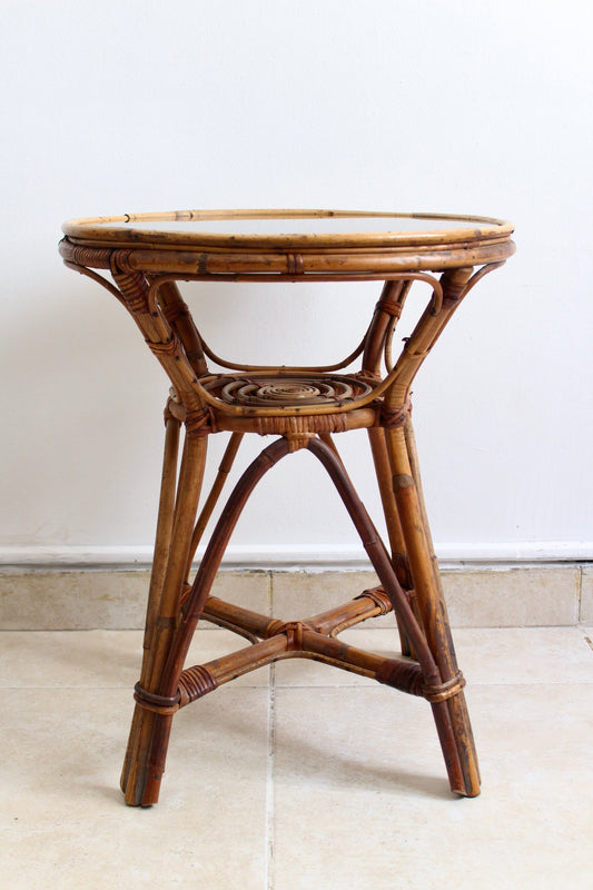 Vintage 1970s Bamboo Side Table w/ Smoked Glass Top
