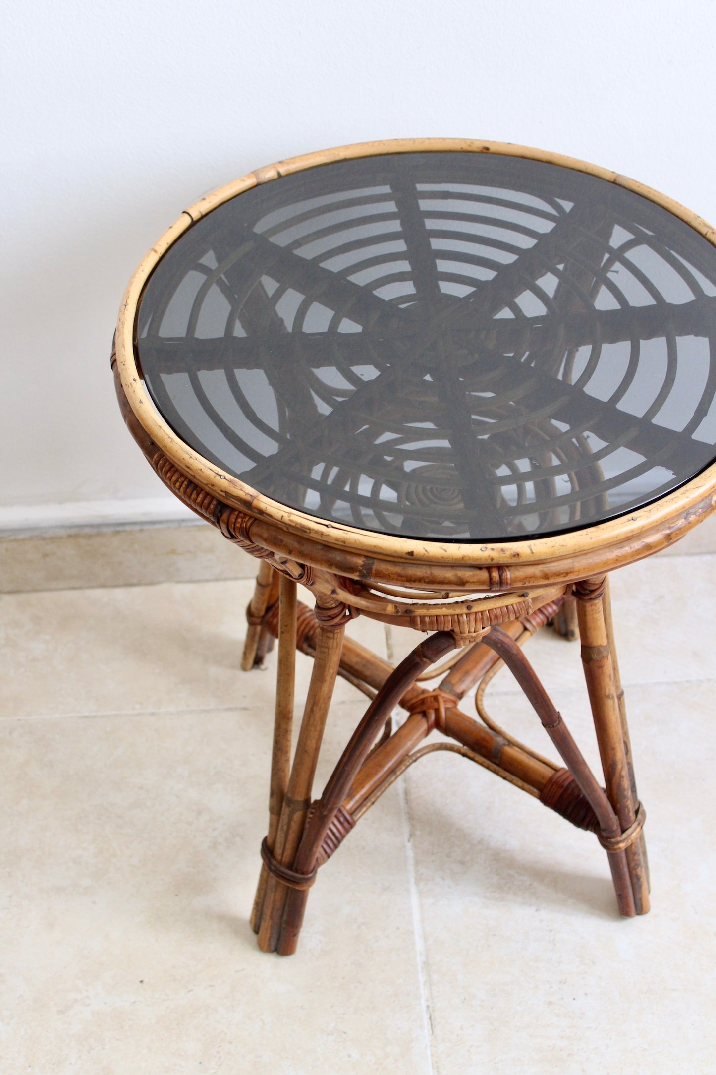 Vintage 1970s Bamboo Side Table w/ Smoked Glass Top