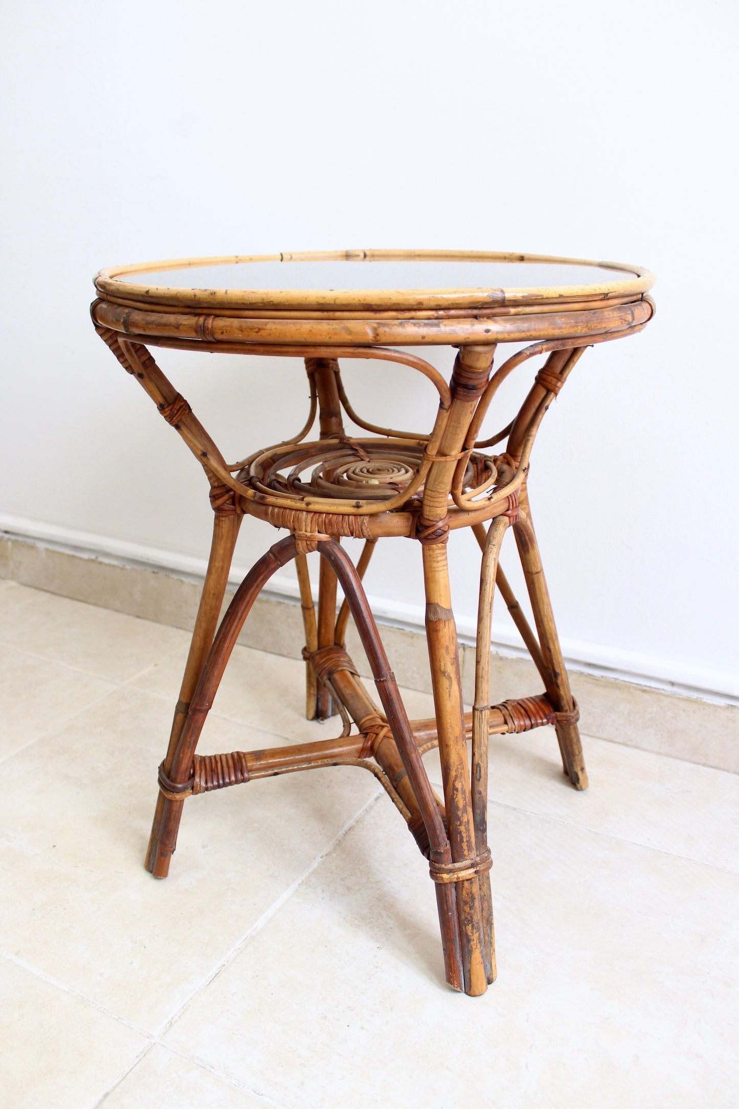 Vintage 1970s Bamboo Side Table w/ Smoked Glass Top