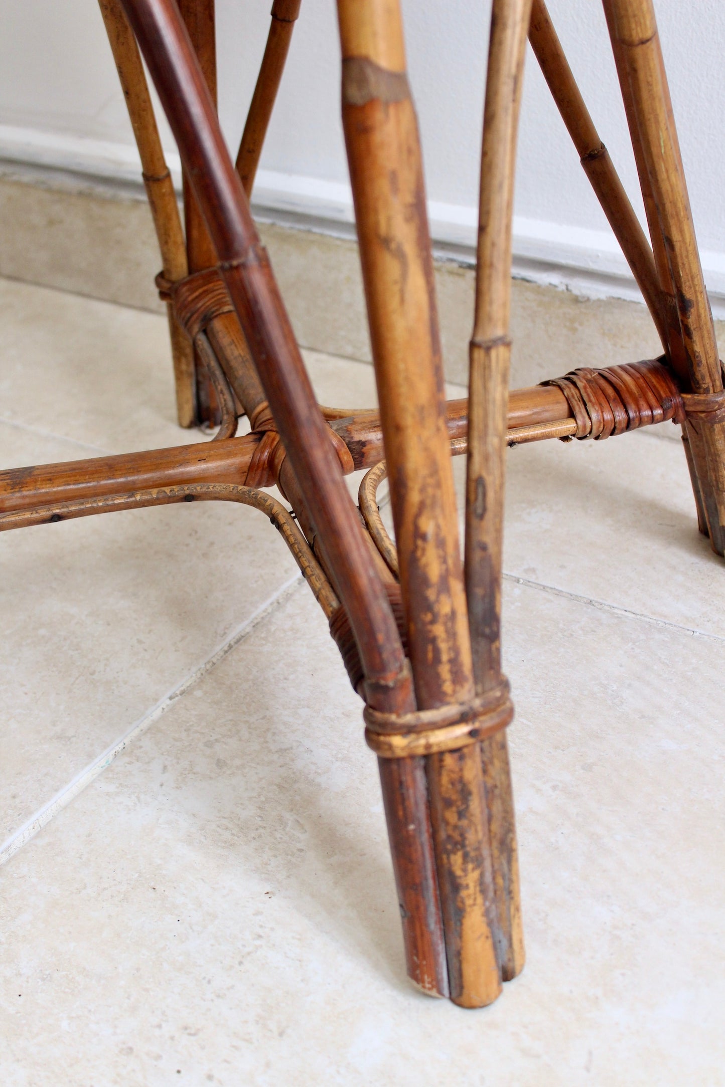 Vintage 1970s Bamboo Side Table w/ Smoked Glass Top