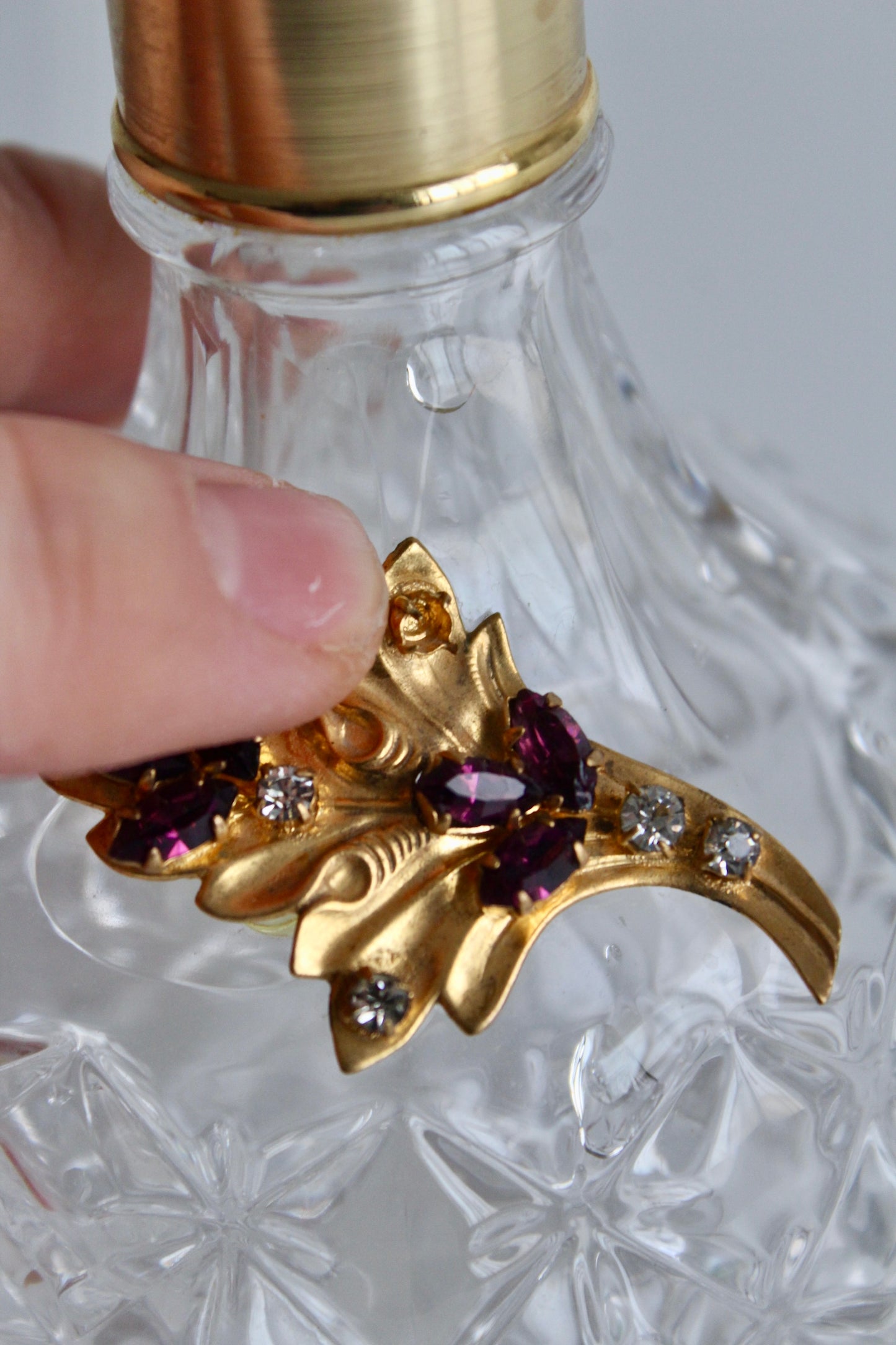 Vintage Italian Lead Crystal Perfume Atomizer with Gilt Floral Appliqué