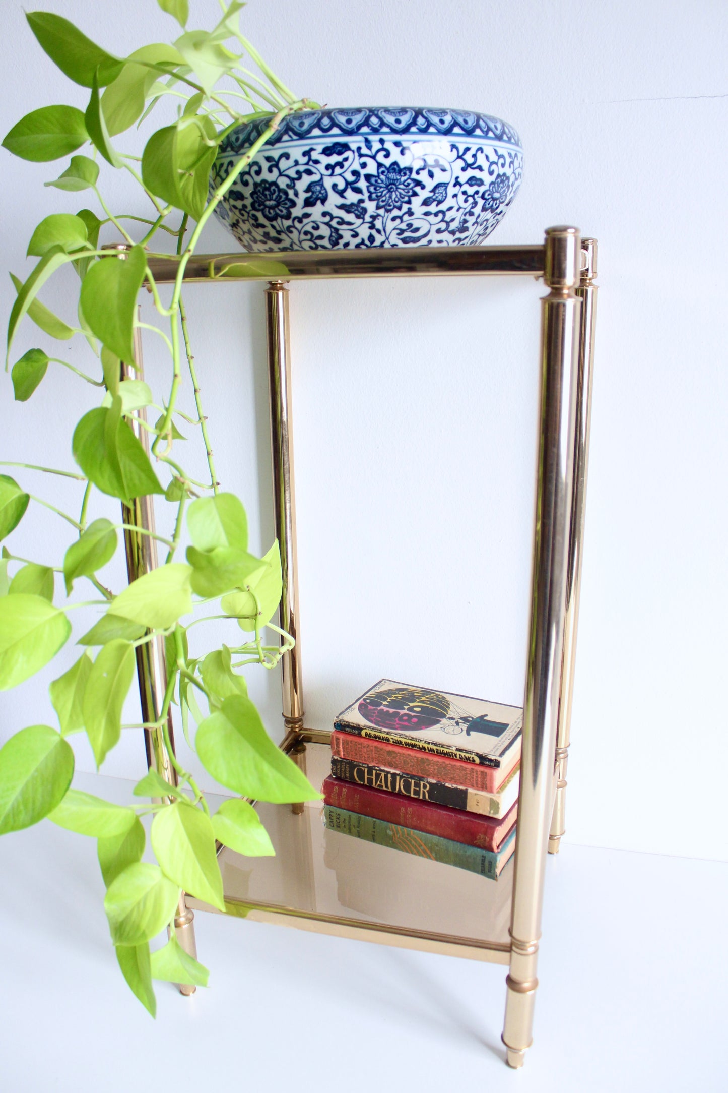 1970s Brass and Smoke Glass Plant Stand