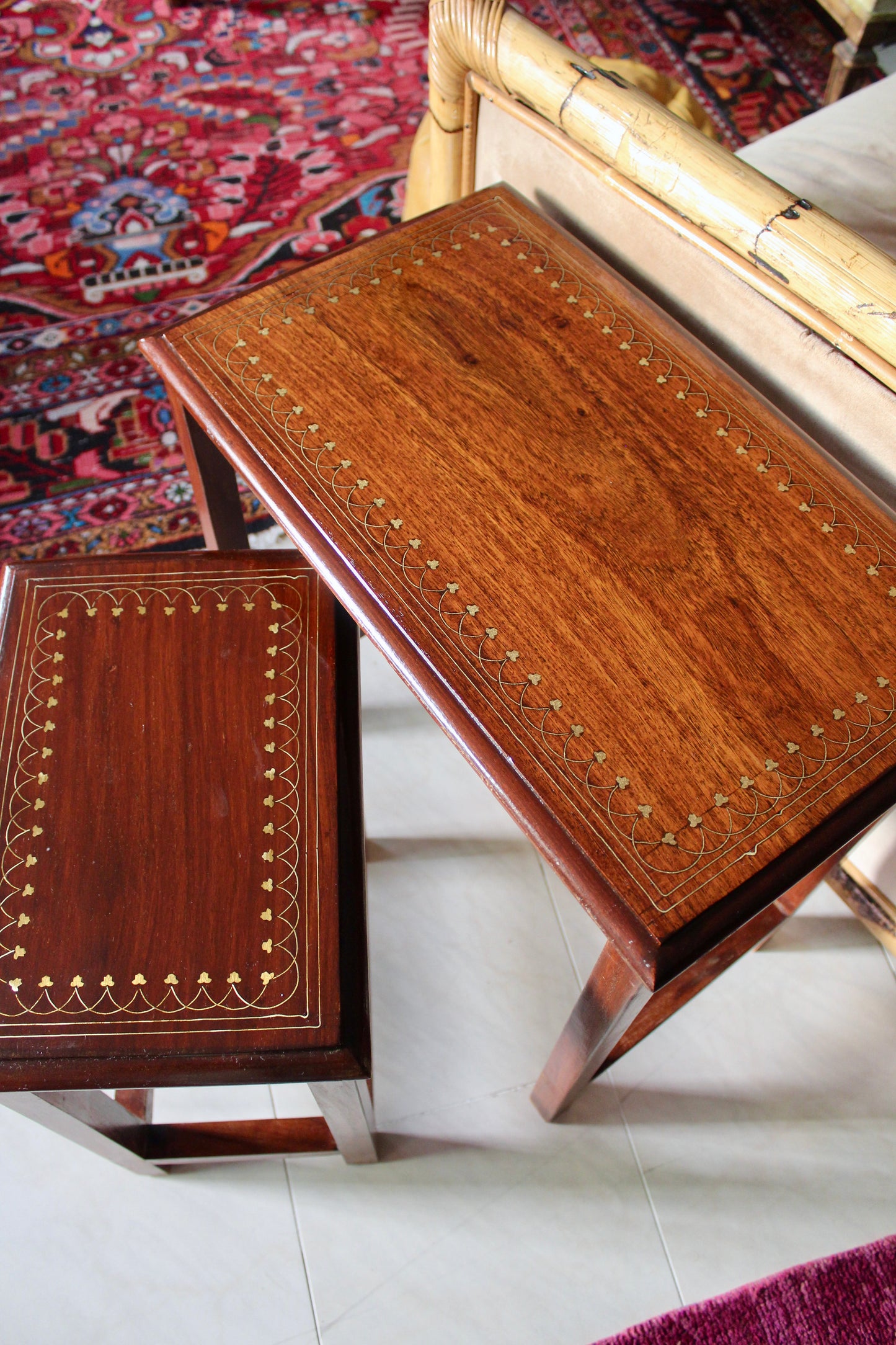 Set of Indian Rosewood and Brass Inlay Side Tables