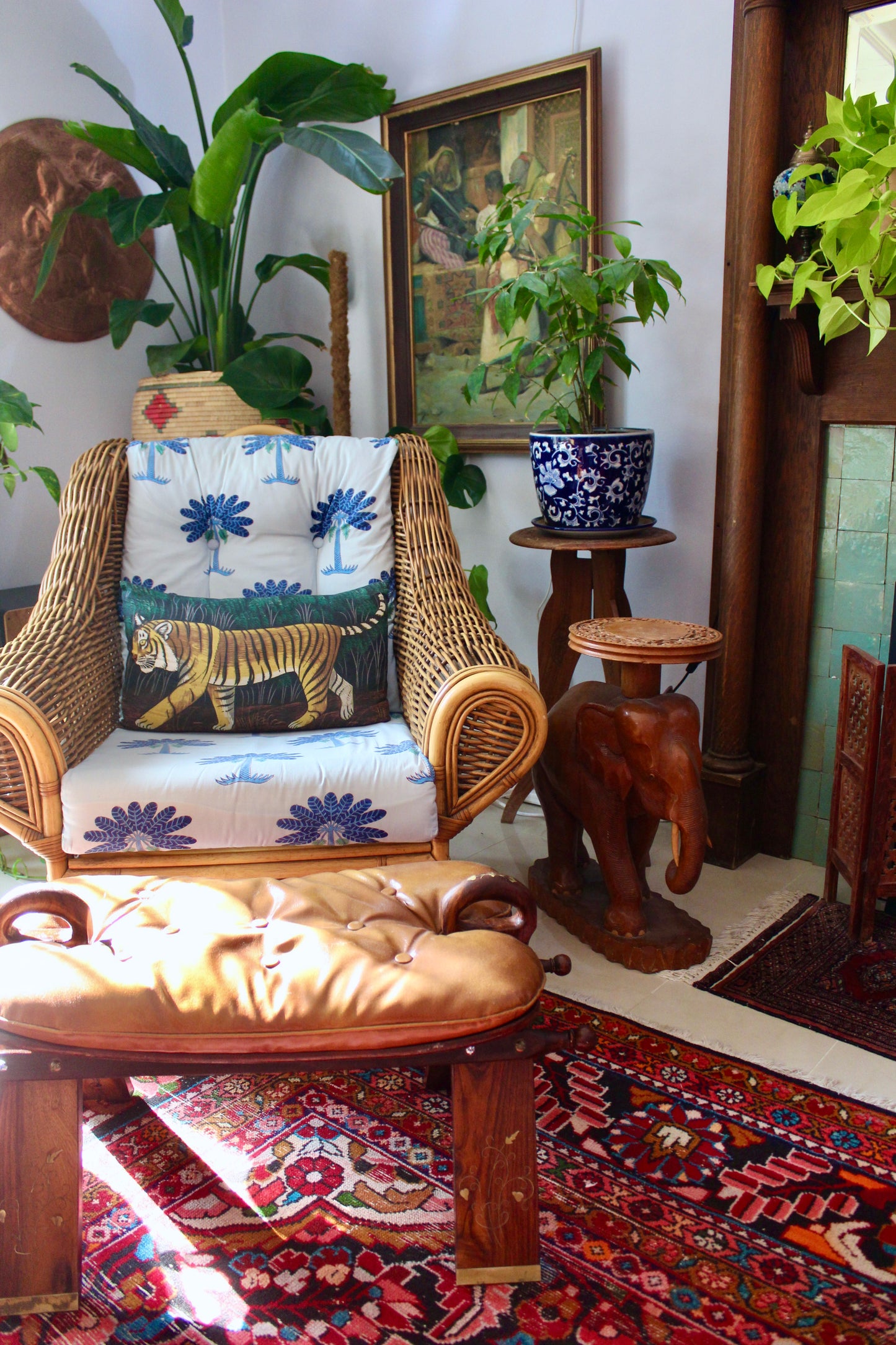 Vintage Pakistani Rosewood and Brass Inlay Footstool