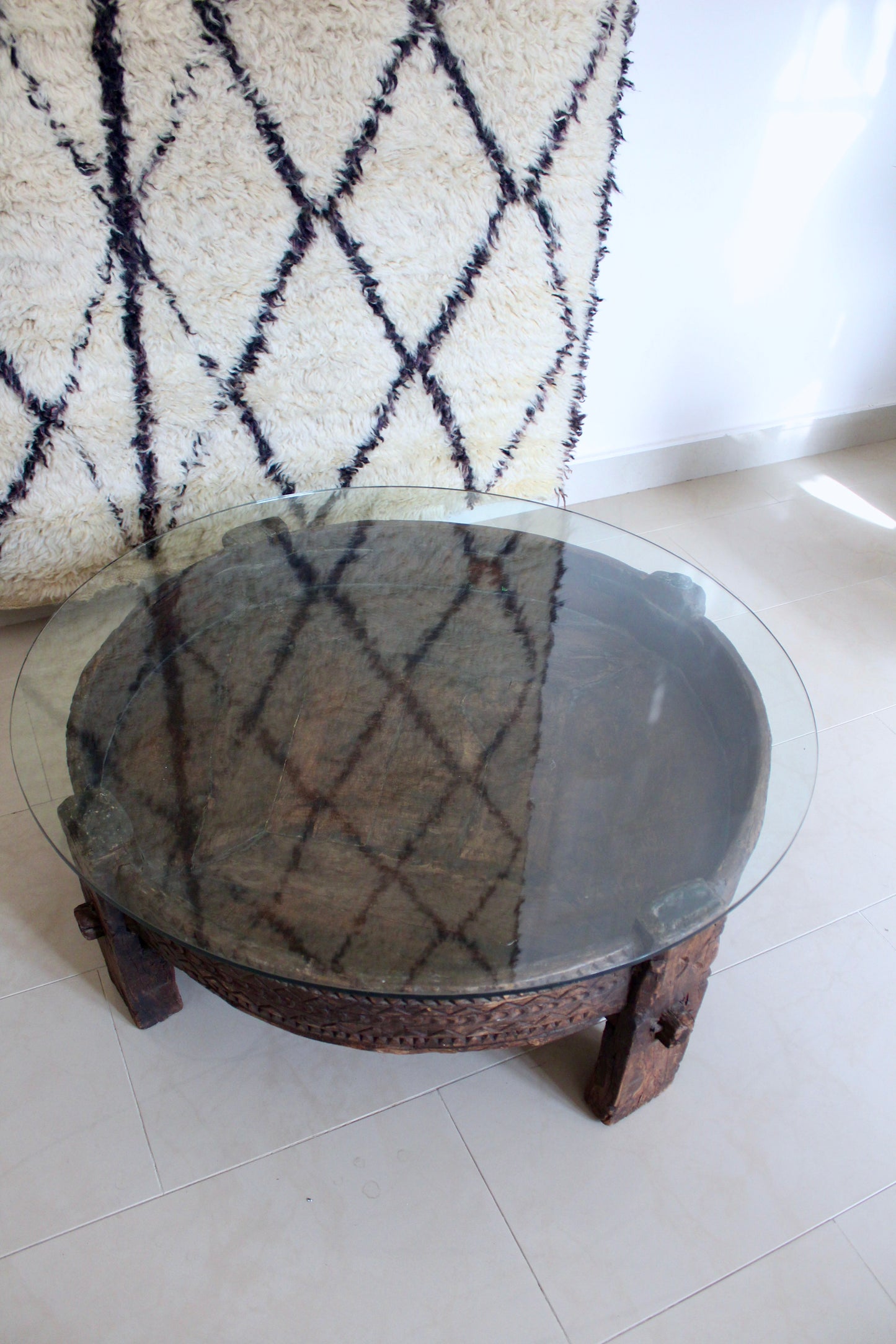 Antique Solid Wood Indian Coffee Table with Glass Top