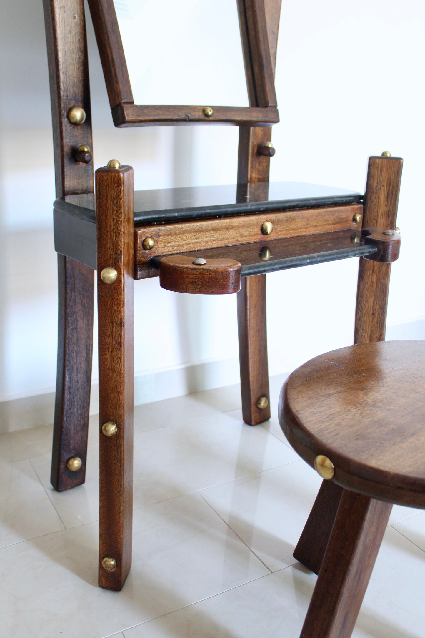 Vintage 1980s Indian Solid Wood and Granite Vanity Table and Stool