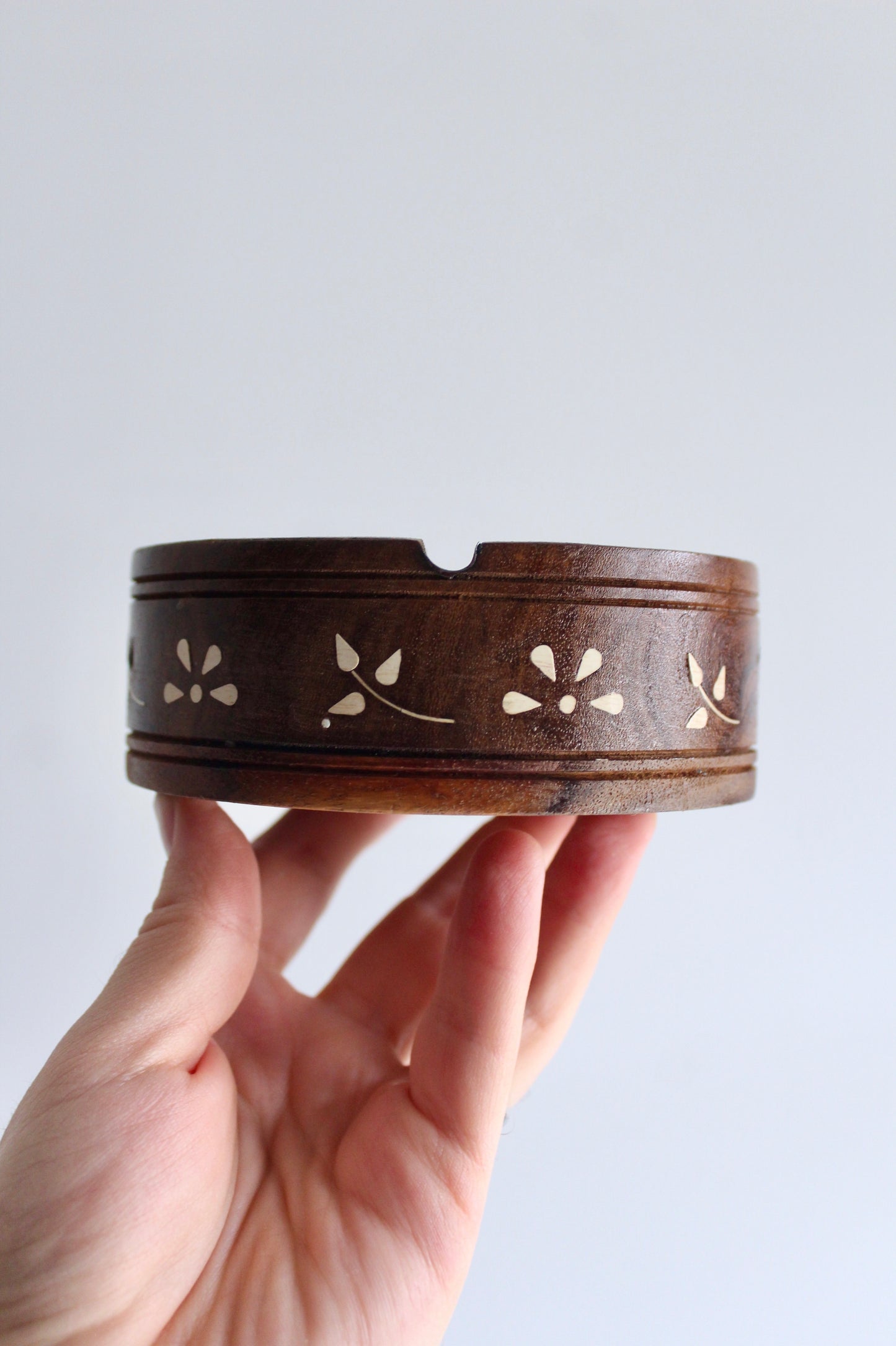 Vintage Indian Rosewood and Bone Inlay Ashtray