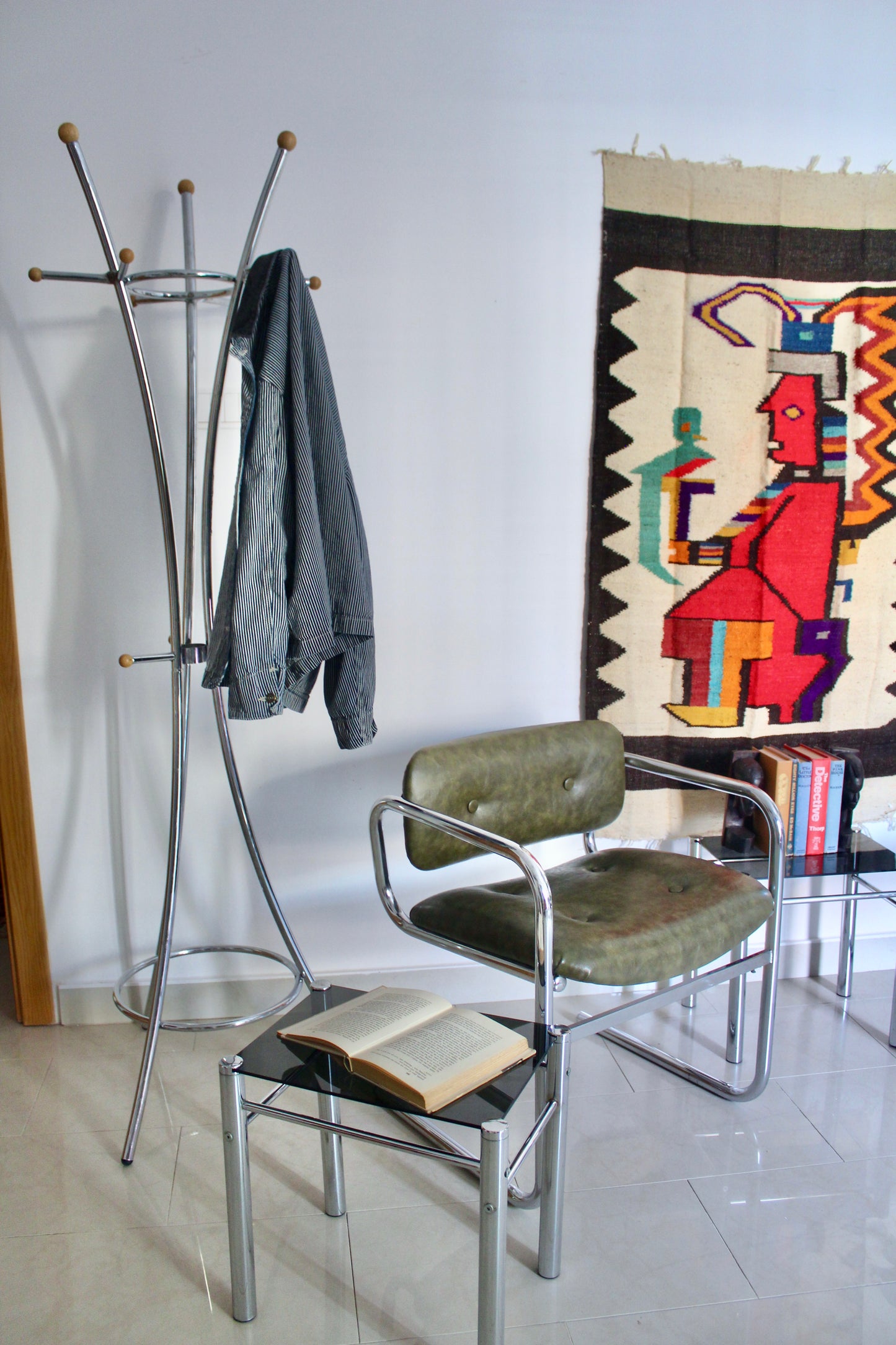 Late 1970s Chrome and Wood Postmodern Coat Rack