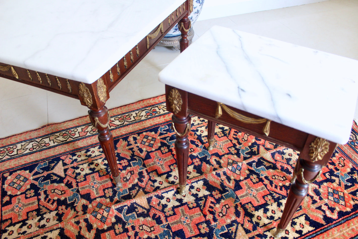 Vintage Spanish Neoclassical Marble Top Accent Tables, Mid-Century Louis XVI Style
