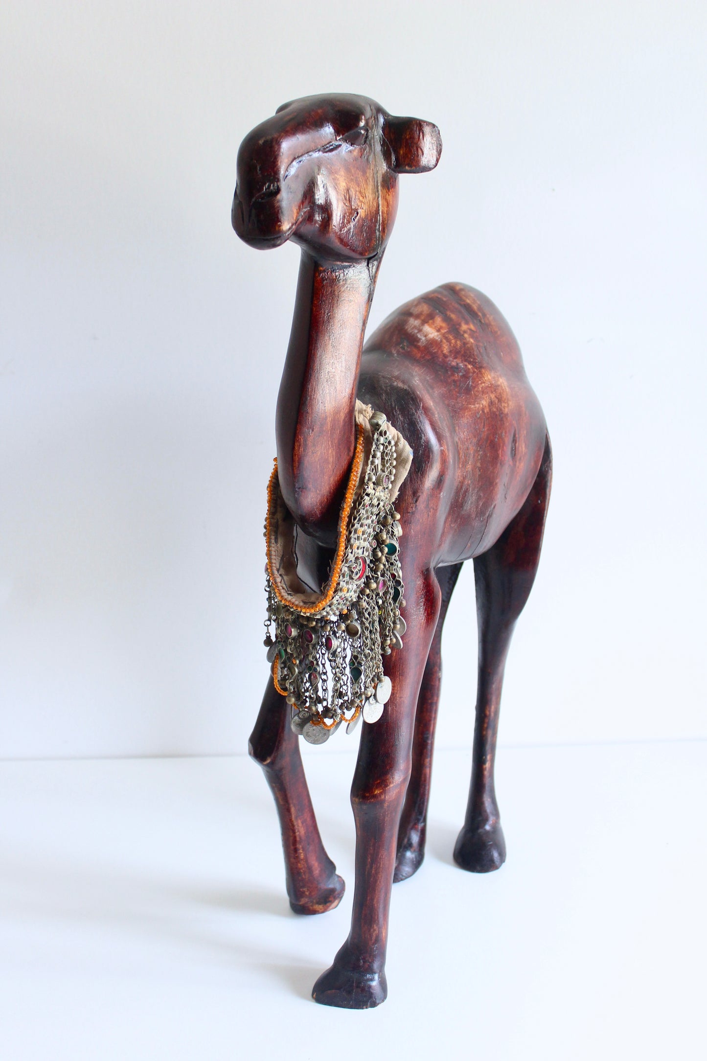 Large Vintage Hand-Carved Wooden Camel Sculpture with Tribal Jewelry 1