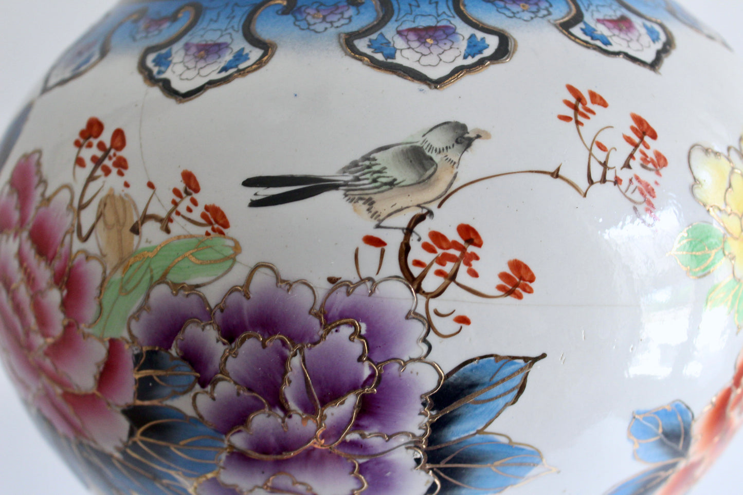 Vintage Japanese Style Hand-Painted Porcelain Vase with Peonies