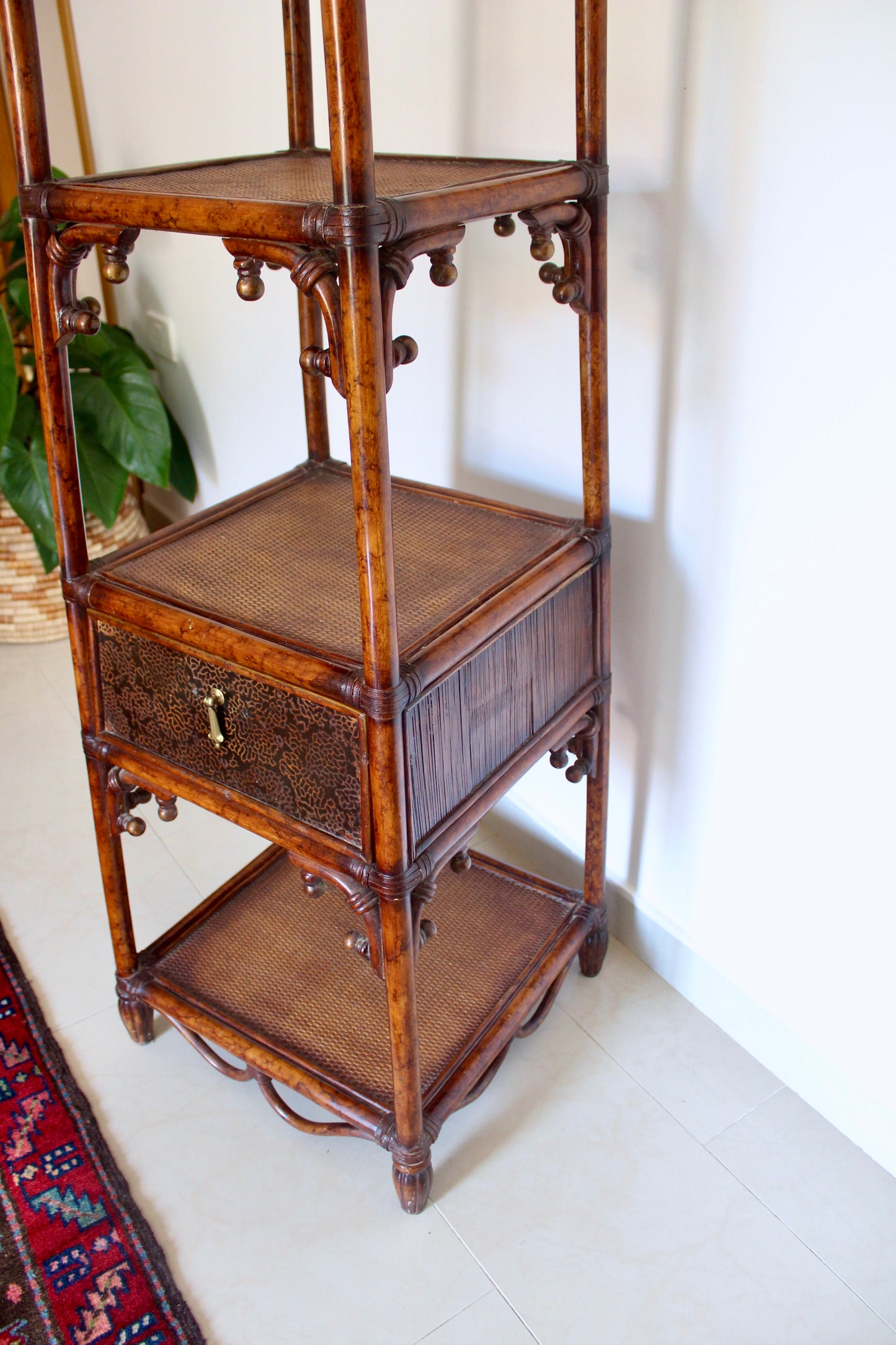 Vintage Bamboo & Cane Etagere Shelf with Drawer