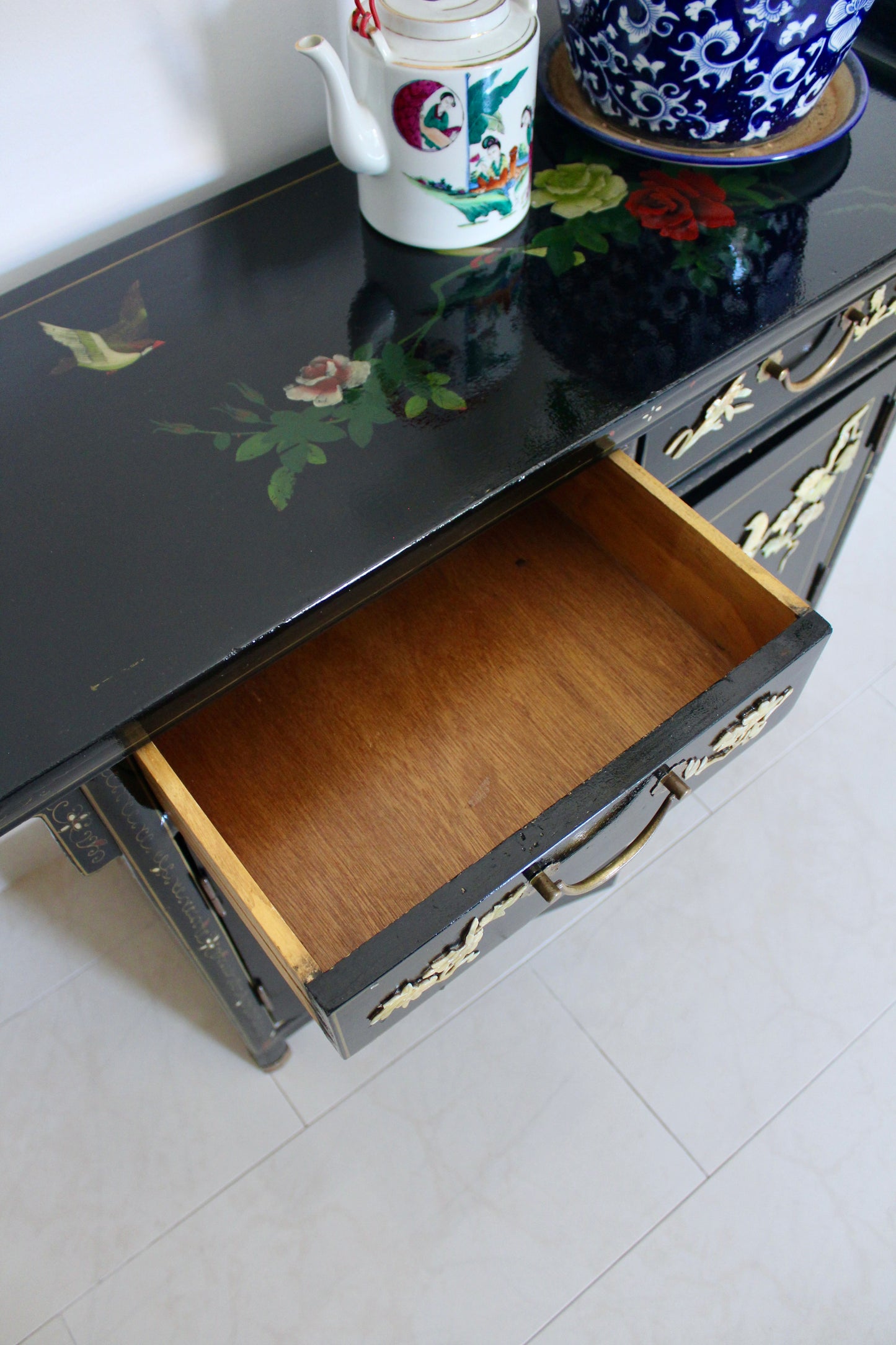 Vintage Black Lacquer Chinoiserie Cabinet with Soap Stone Carvings