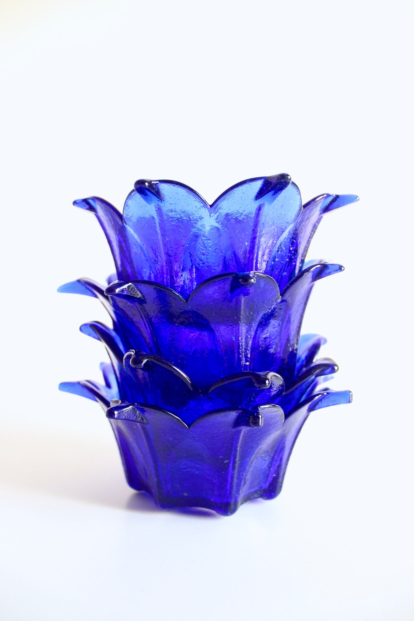 Set of 4 Vintage Cobalt Blue Lotus Glass Serving Bowls