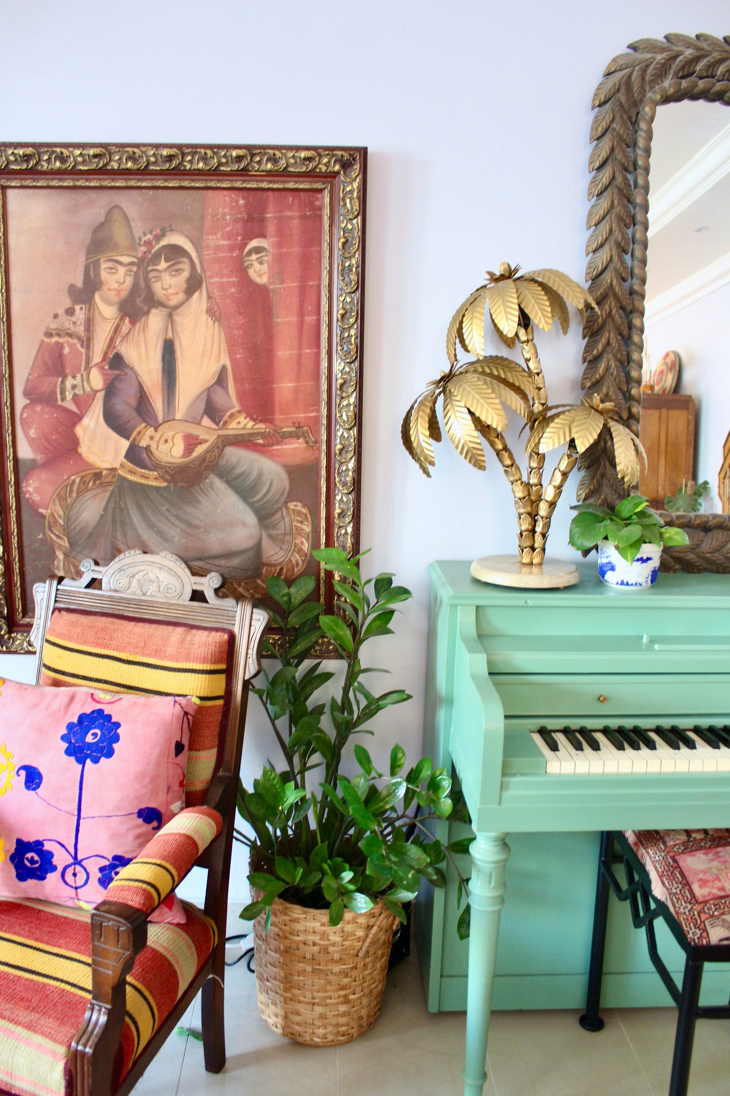 Vintage 1980s Brass Palm Tree Lamp with Marble Stand