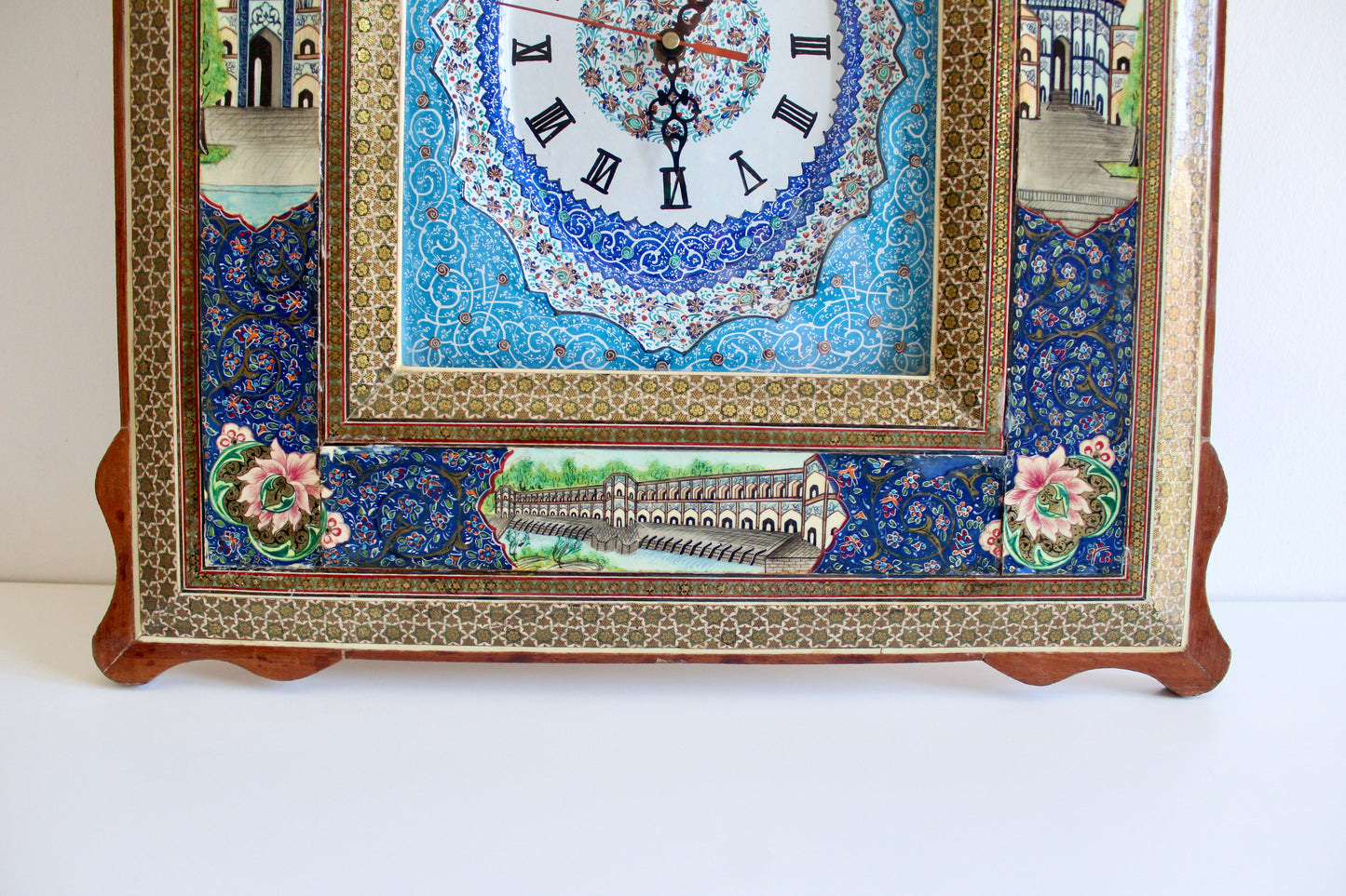 Persian Khatamkari Wall Clock with Isfahan Architectural Scenes