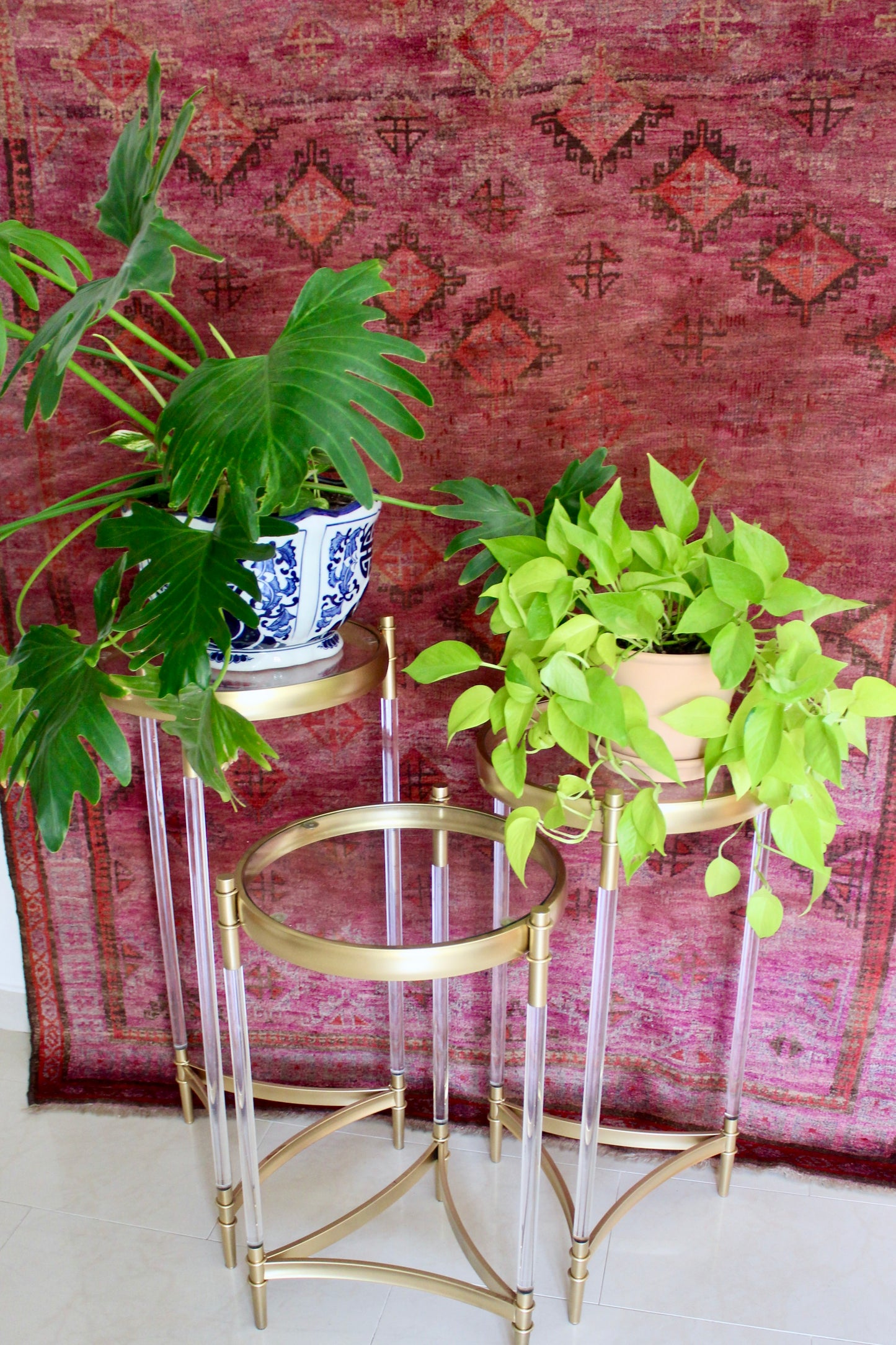 Set of Three Vintage Lucite & Brass Plant Stands