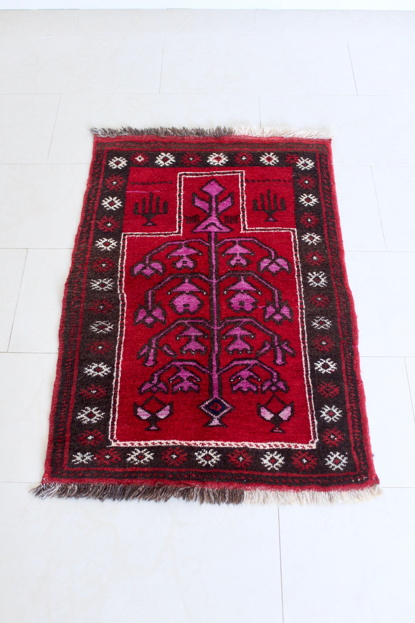 Vintage Afghan Tree of Life Prayer Rug in Crimson & Raspberry Tones 70x103