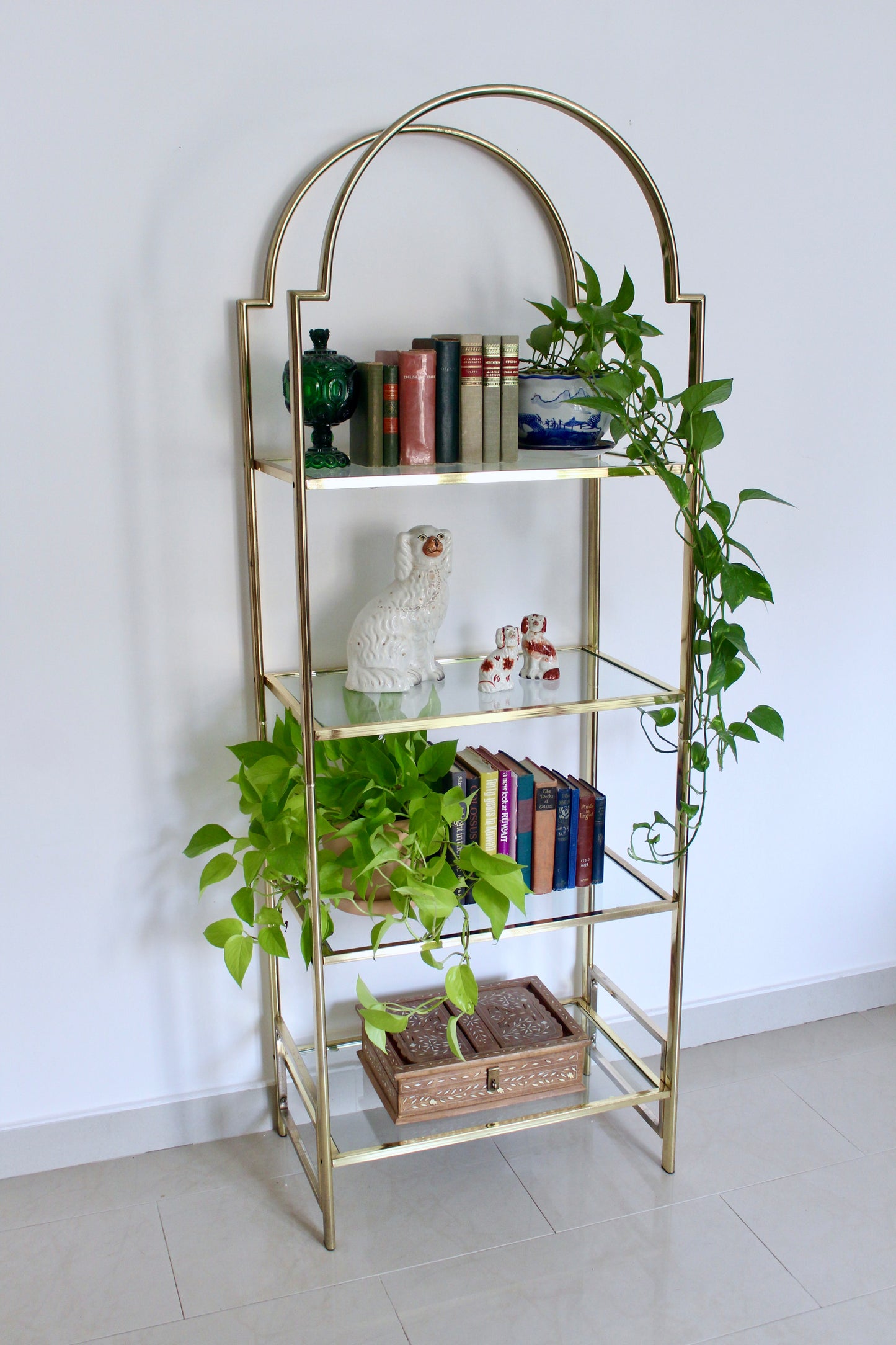 Vintage Brass & Glass Moorish Arch Étagère Display Shelf