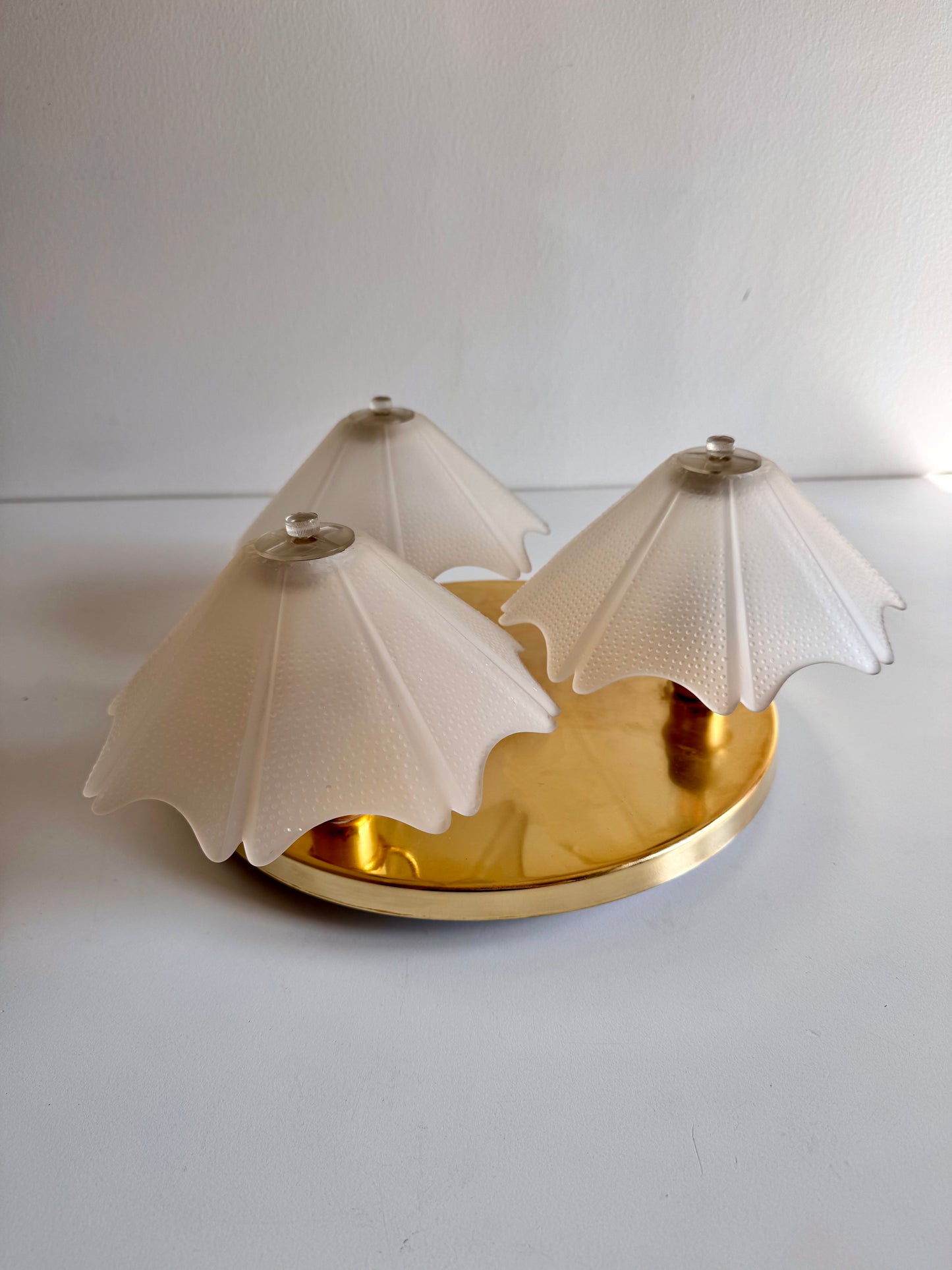 Vintage 1980 Three-Light Brass & Frosted Glass Ceiling Light