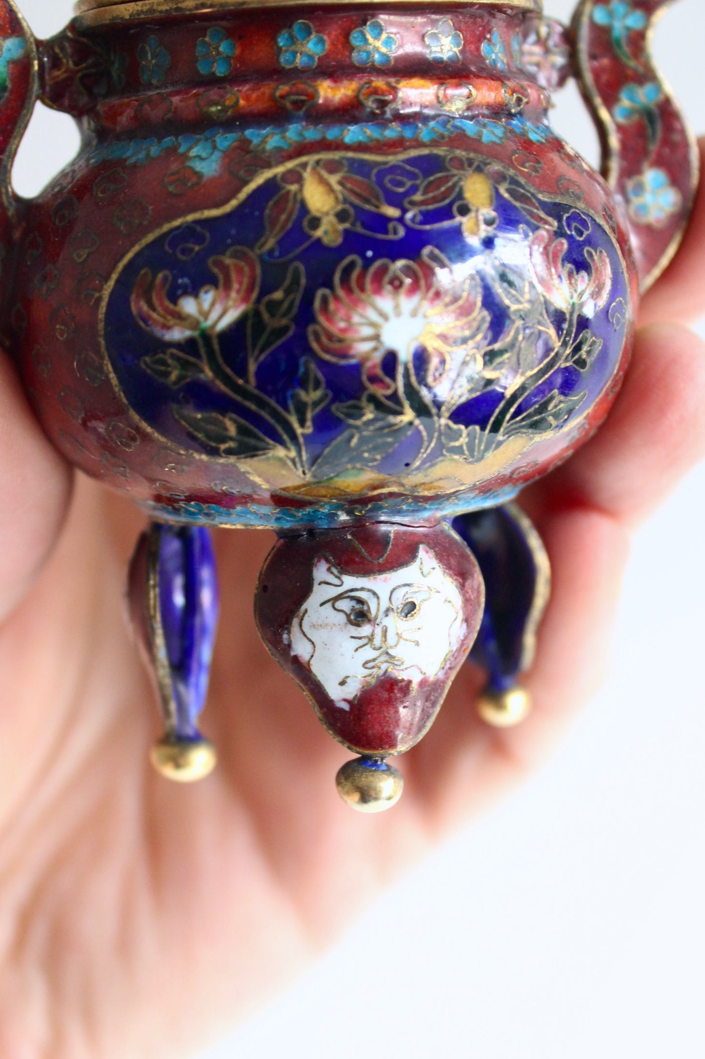 Chinese Cloisonné Tripod Covered Jar with Cat Mask Feet