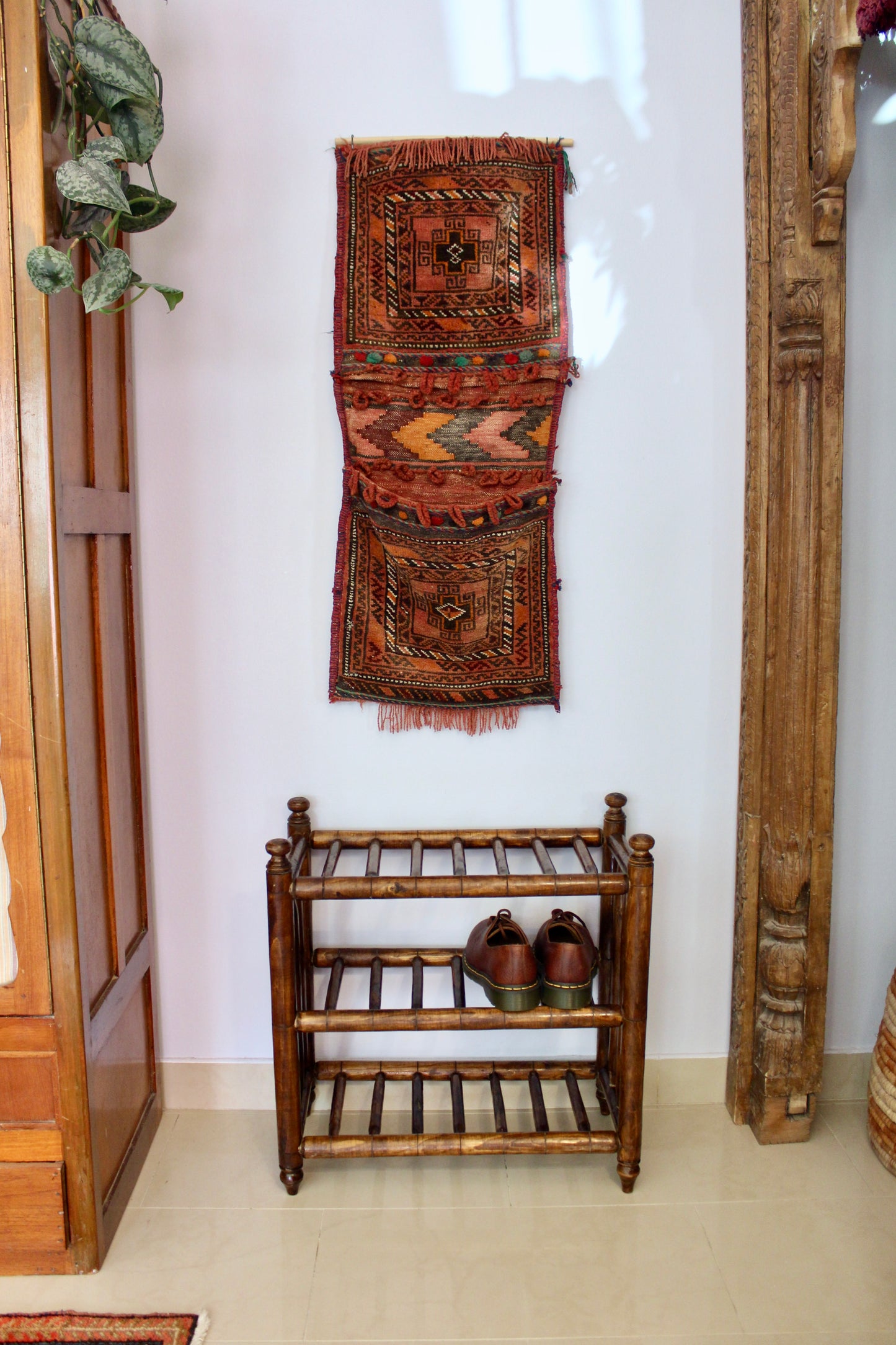 Vintage Faux Bamboo Wooden Shoe Rack / Display Shelf