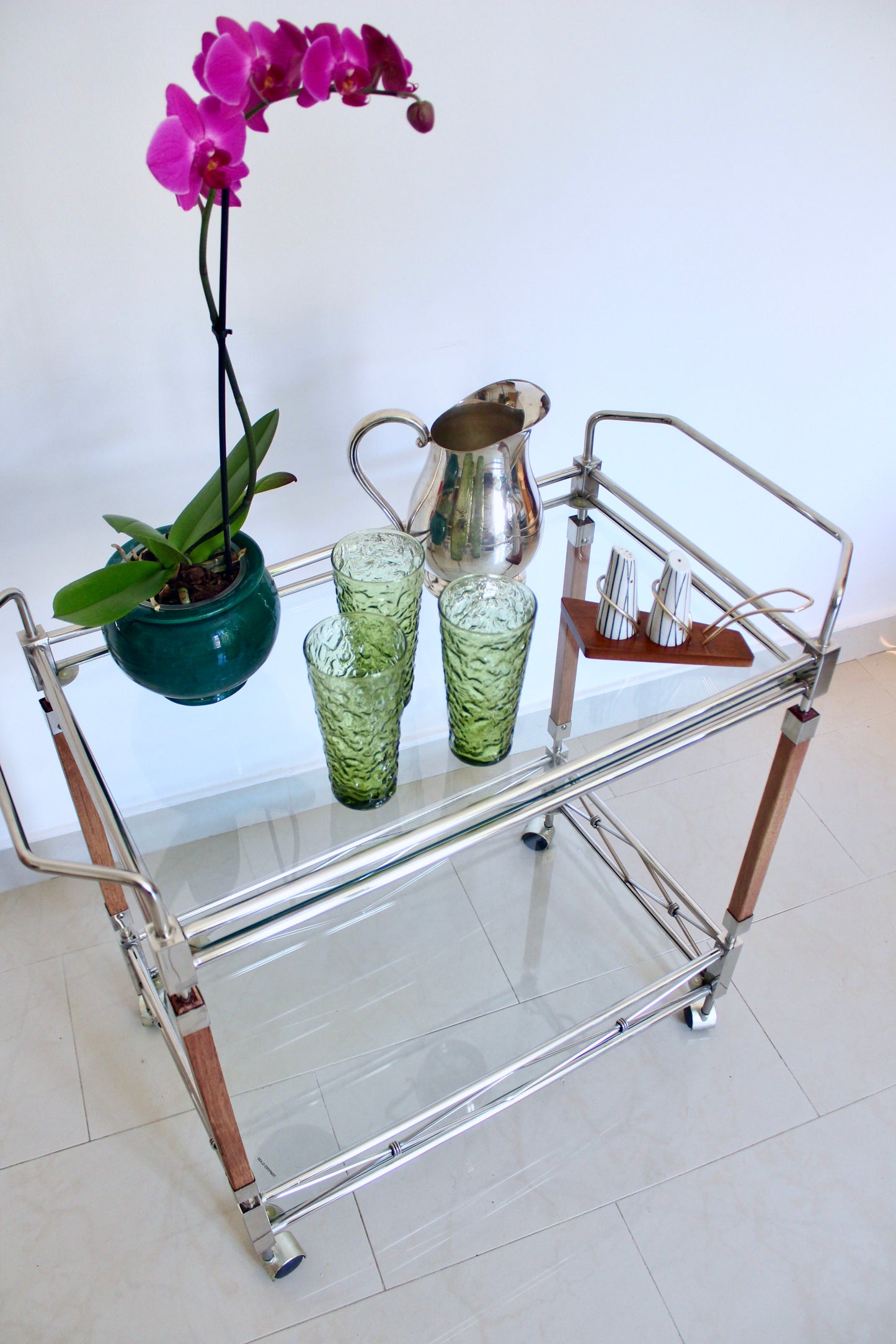 Vintage Chrome & Glass Bar Cart with Wood Accents, c. 1990s