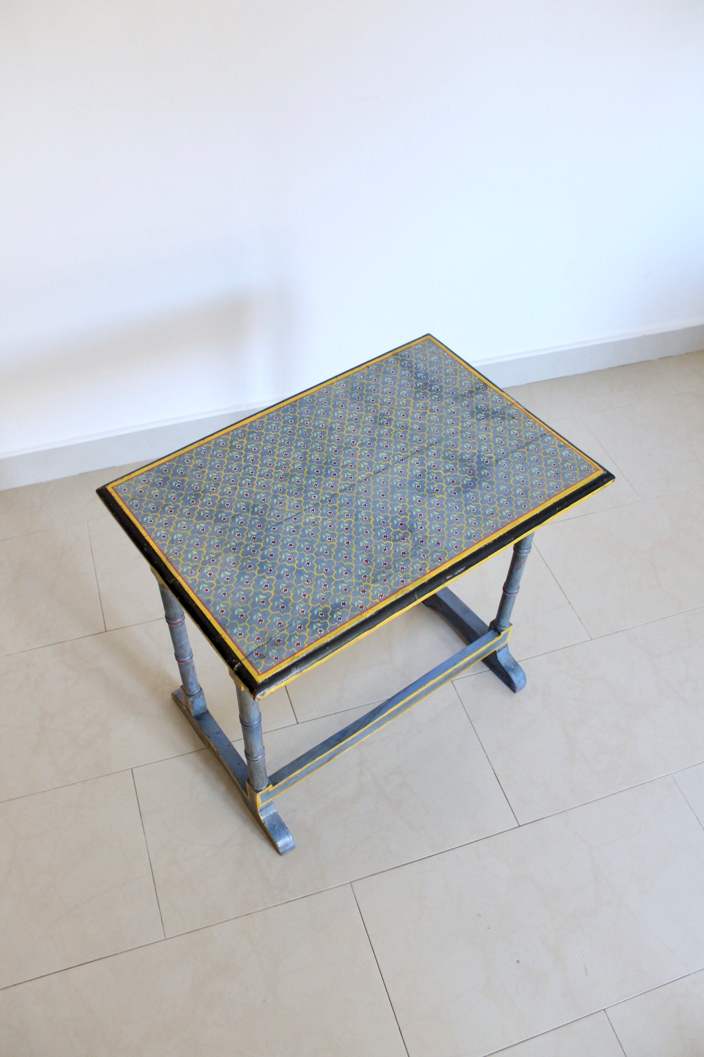 Vintage Hand-Painted Indian Side Table with Floral Lattice Top