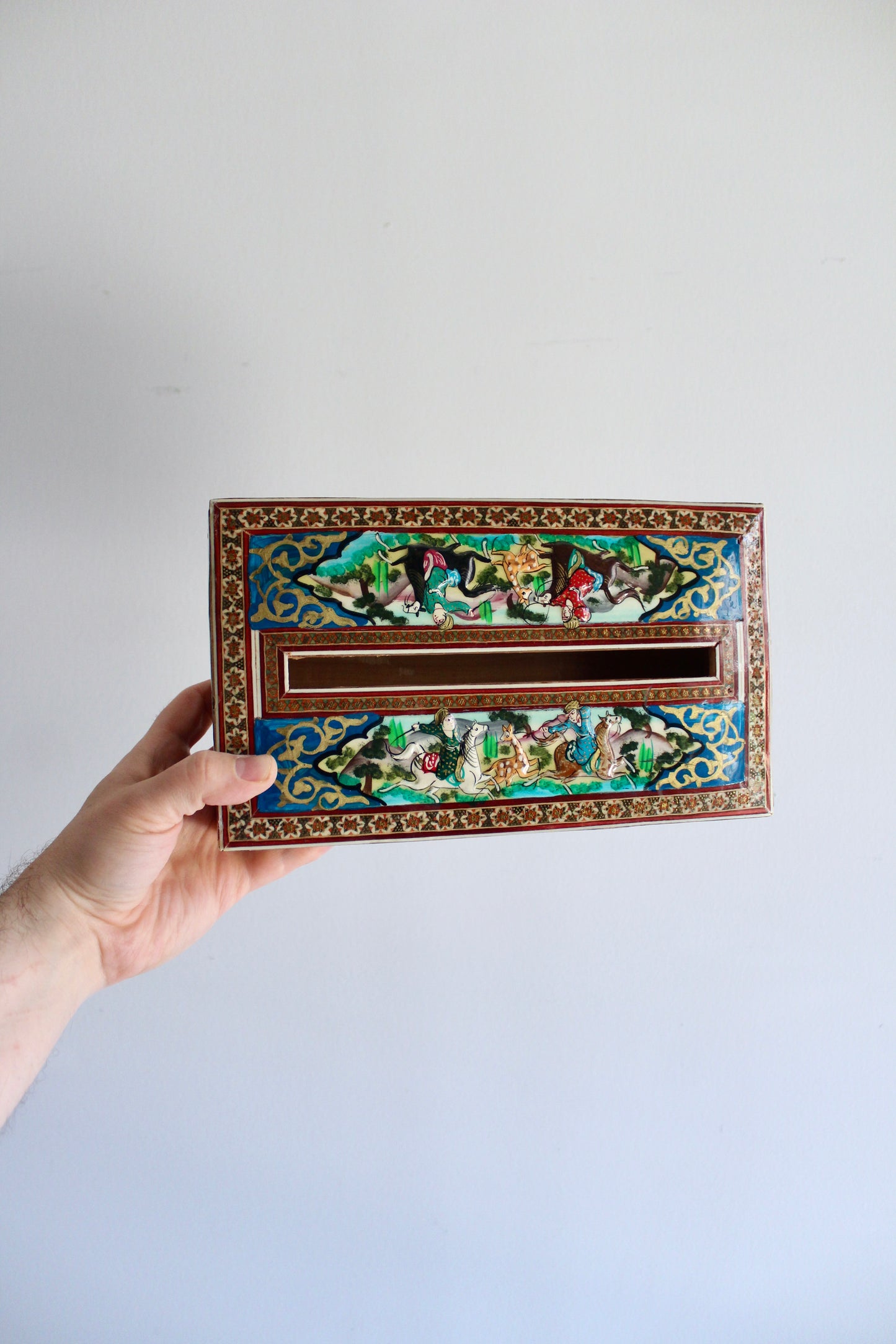 Persian Khatam Marquetry Tissue Box with Hand-Painted Miniatures