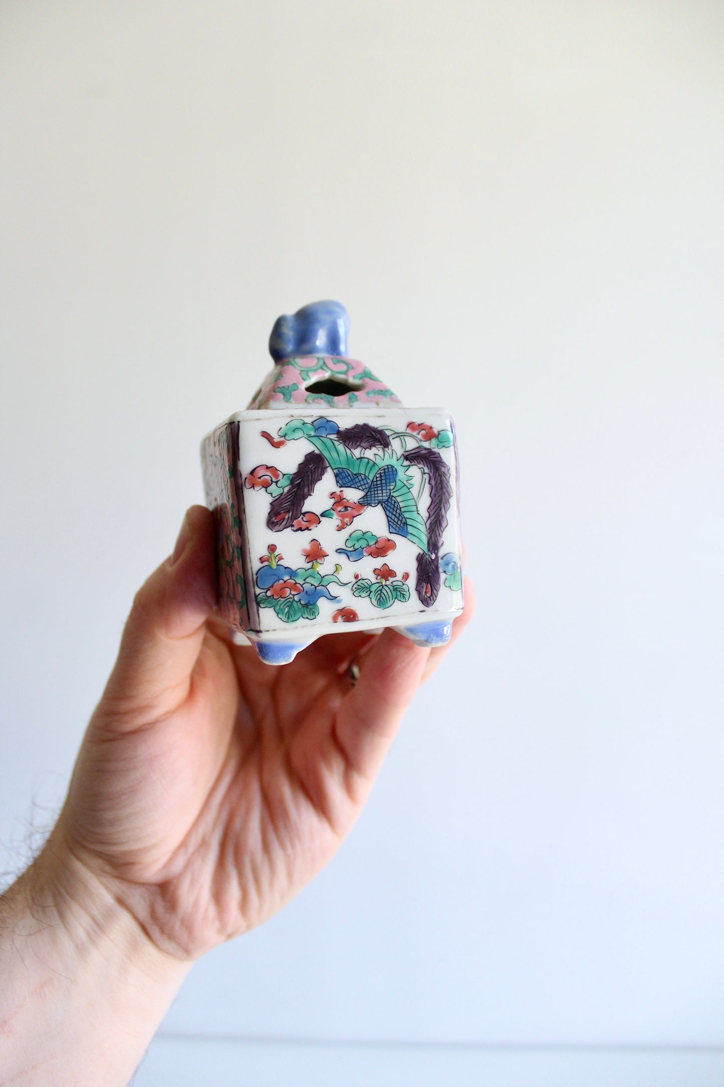 Vintage Chinese Famille Rose Porcelain Incense Burner with Foo Dog Finial