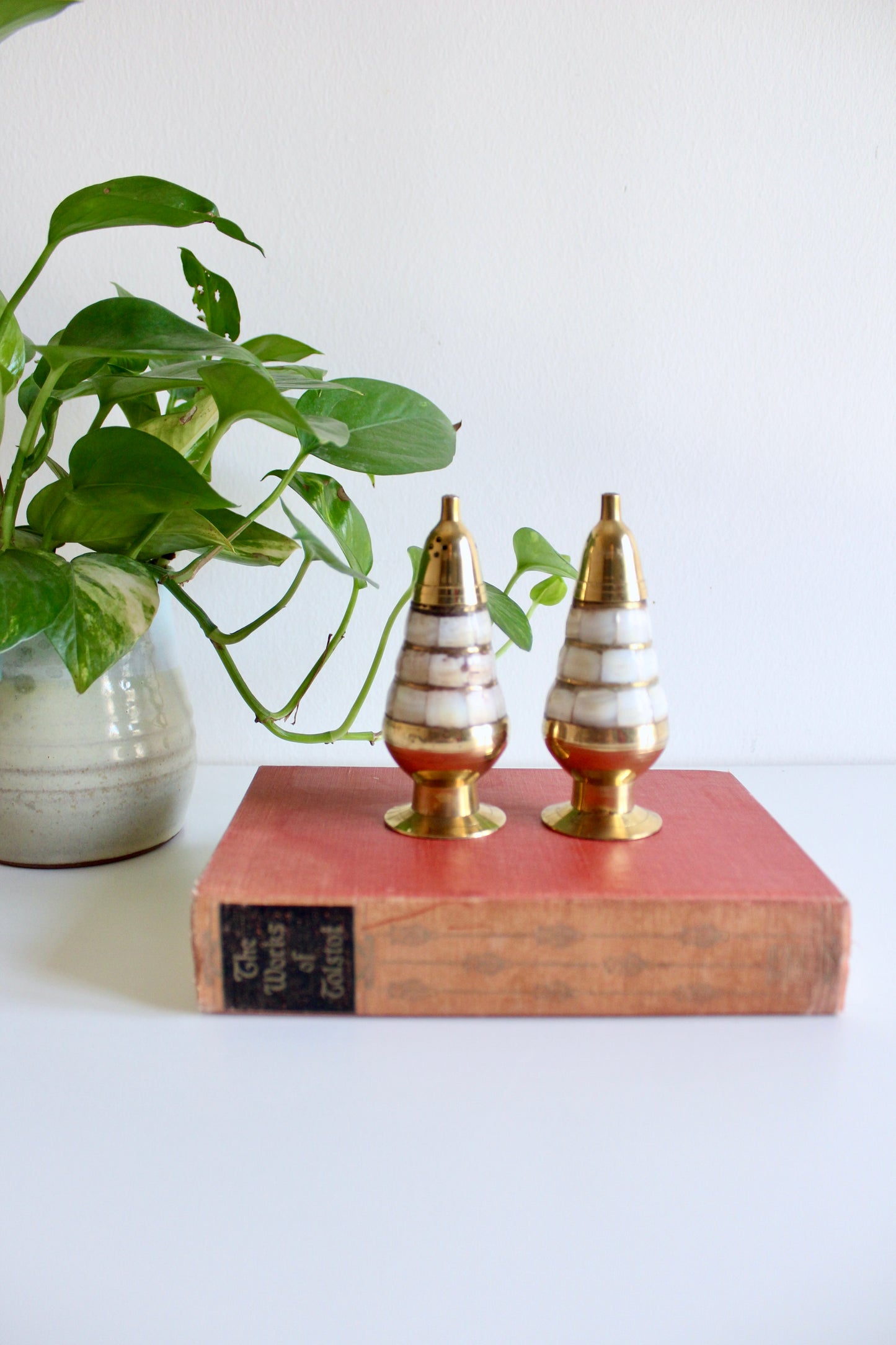 Vintage Brass & Mother-of-Pearl Salt & Pepper Shakers
