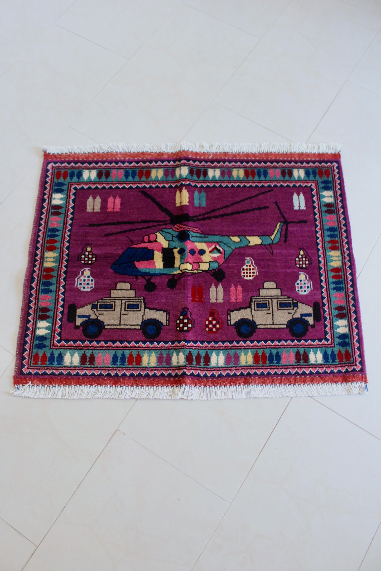 New Hand-Knotted Afghan War Rug – Helicopter & Humvee Design 64cm by 84cm