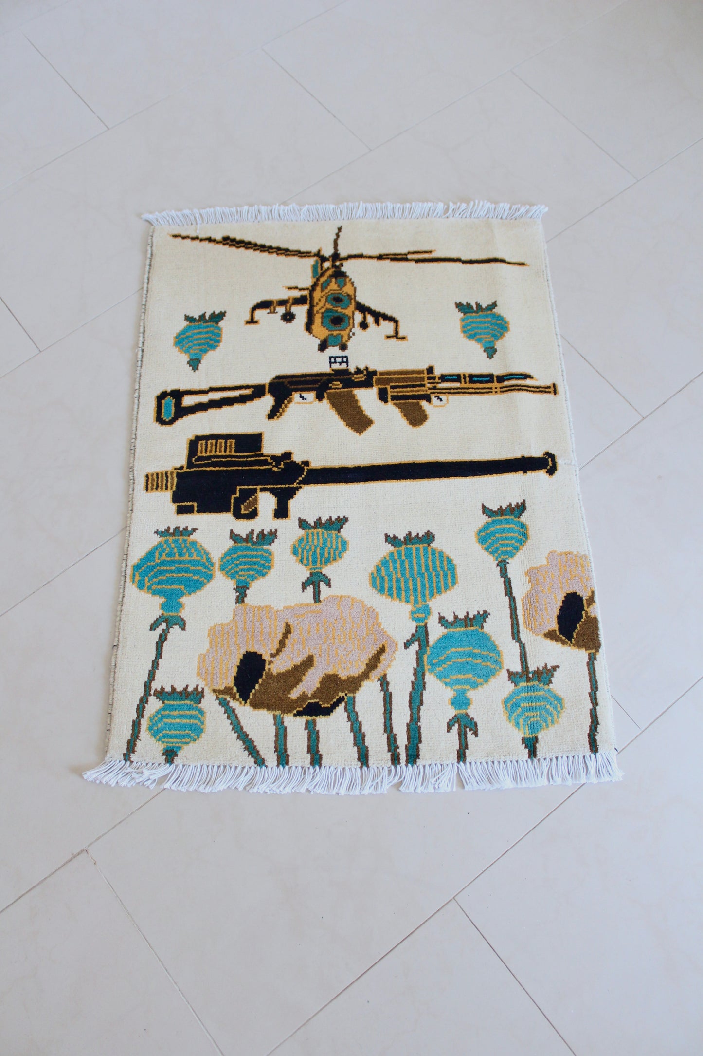 New Hand-Knotted Afghan War Rug – Helicopter, Rifle & Poppy Design