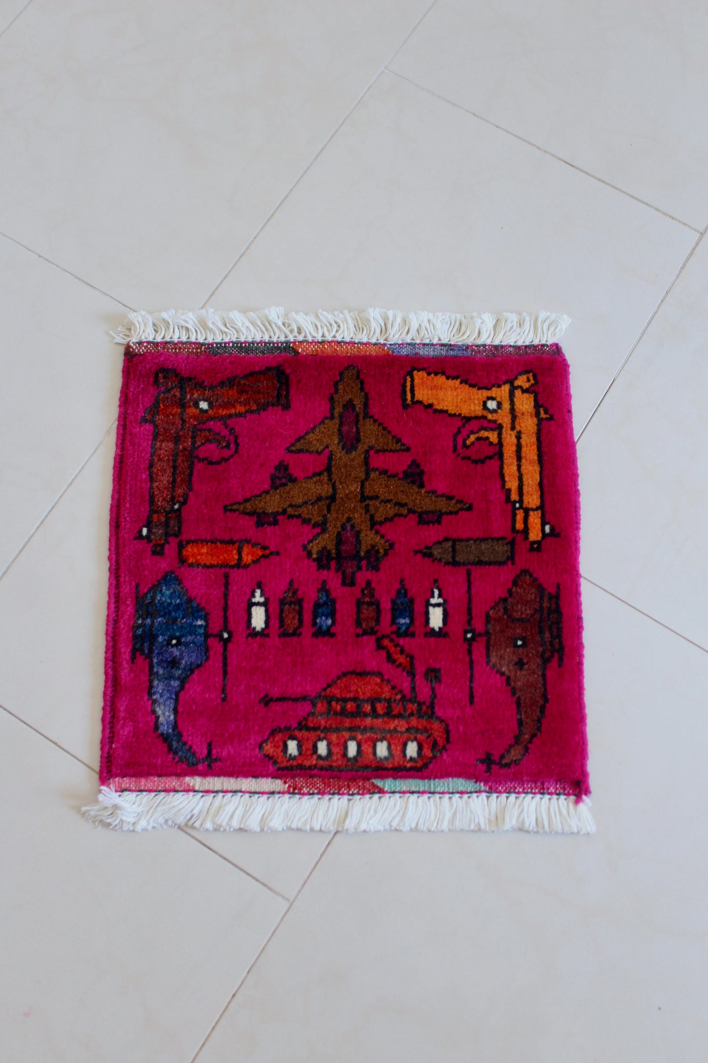 Small Hand-Knotted Afghan War Rug – Military Aircraft & Weapons Motif 30cm by 30cm
